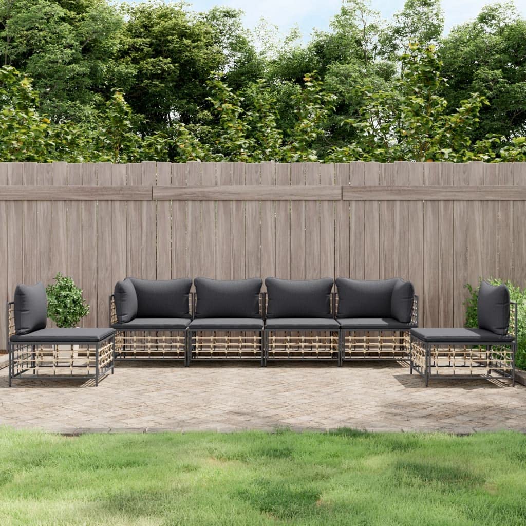 vidaXL 6 Piece Patio Lounge Set with Cushions - Anthracite Poly Rattan - Weather Resistant - Sturdy Steel Frame - Comfortable Outdoor Seating Solution with Modular Design