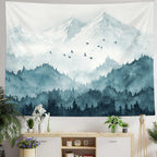 kampdream Mountain Forest Tapestry, Misty Foggy Teal Blue Tree Landscape Watercolor Art Wall Tapestries, Nature Scenery Tapestry