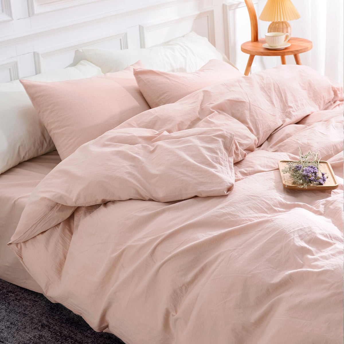 Nexhome Pro Duvet Cover Set King Size Linen Feel Textured Organic Natural 100% Washed Cotton Duvet Cover 3 Pieces Bedding Set With Zipper Closure, Breathable, Soft, Pink (No Comforter)