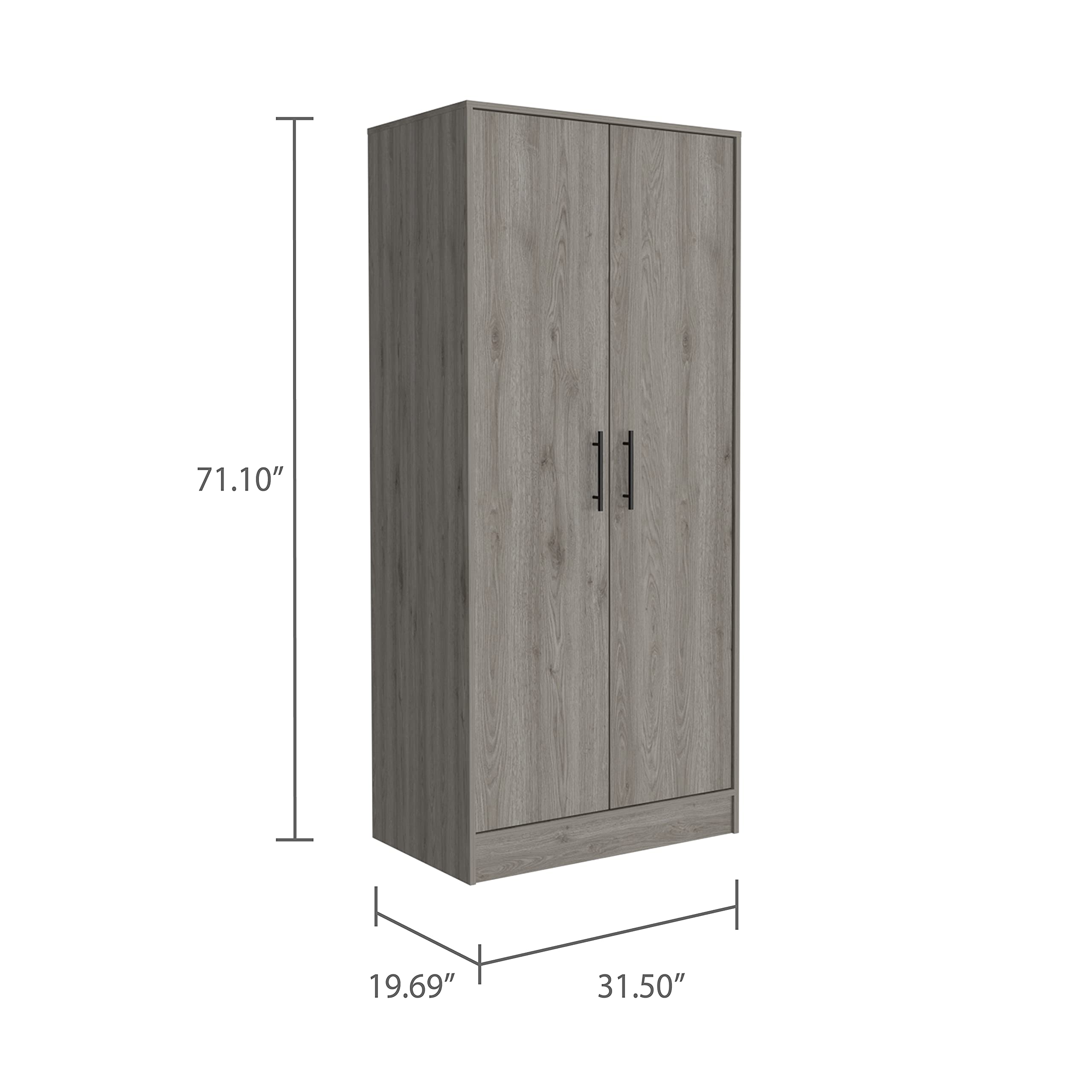 Darwin 180 Armoire with Double Doors, Metal Rod, Top Shelf, and Drawer, Light Gray