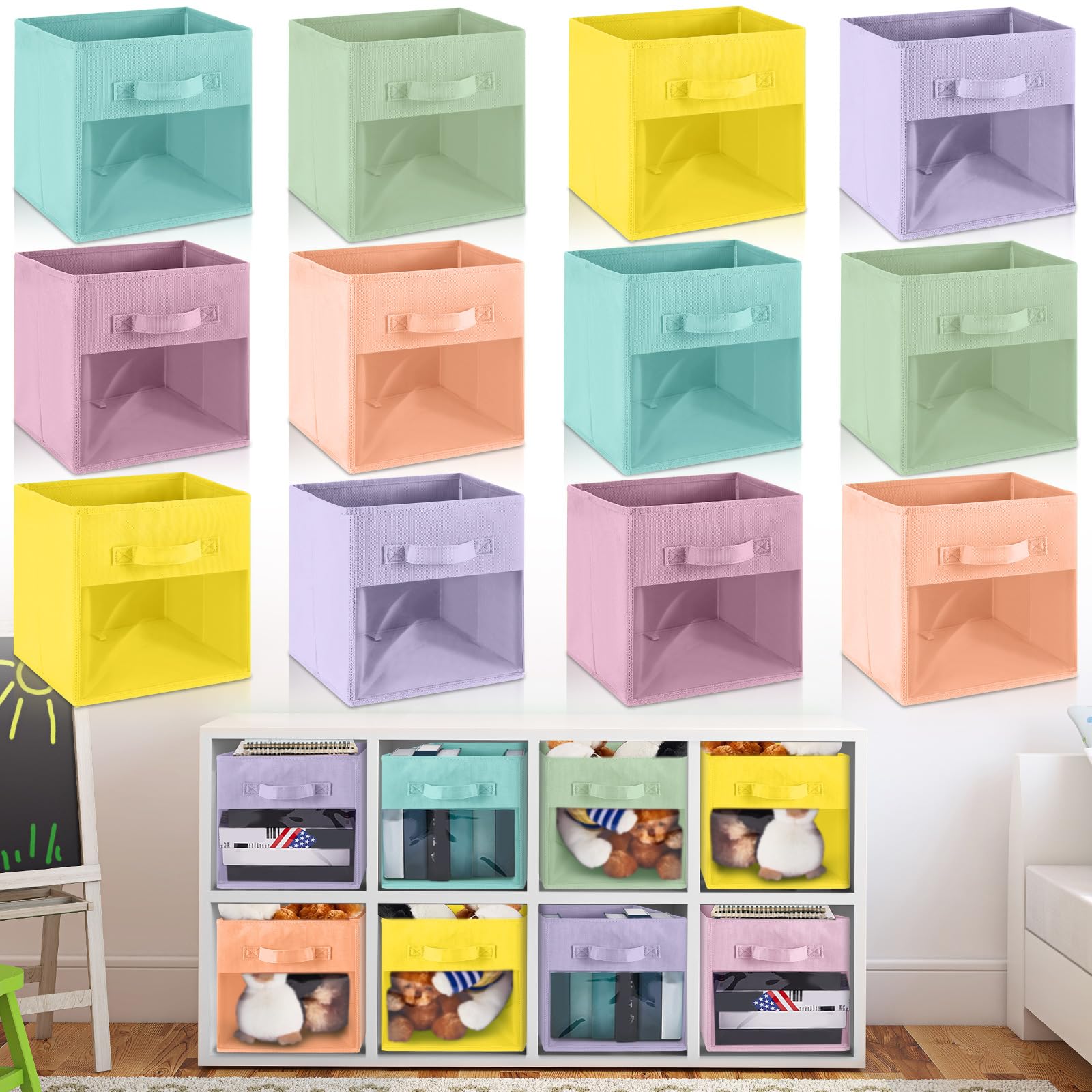 Marsui 12 Pcs Clear Cube Storage Bins Pink Collapsible Kids Storage Bins Fabric Classroom Organizer with Window for Kid Playroom