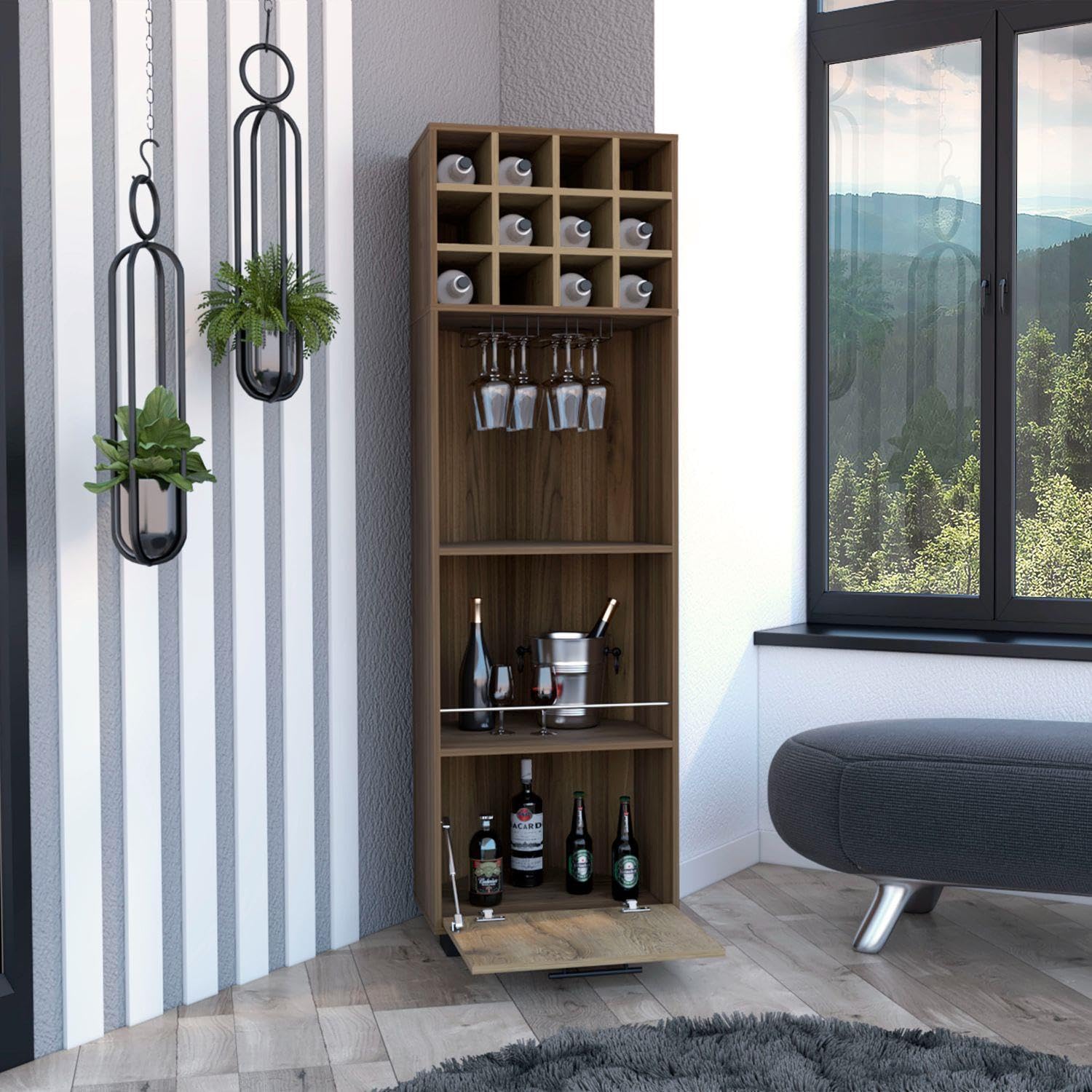 Norway Corner Bar Cabinet, 8 Built-In Wine Rack, 2 Side Shelves, Mahagony/Macadamia