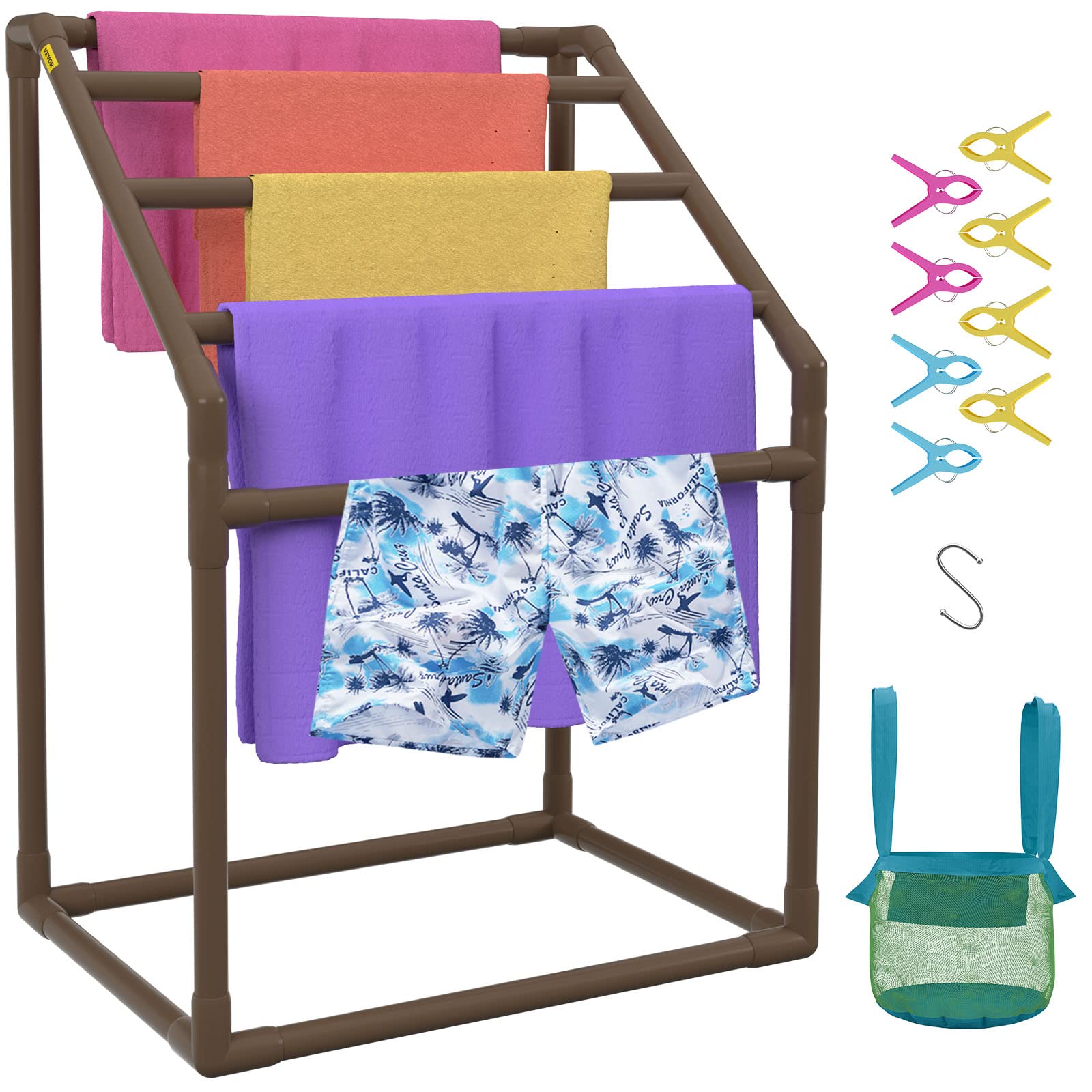 Vevor Pool Towel Rack, 5 Bar, Brown, Freestanding Outdoor Pvc Trapedozal Poolside Storage Organizer, Include 8 Towel Clips, Mesh
