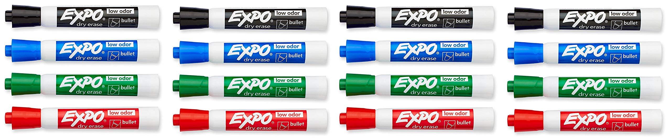 Expo 82074 Low-Odor Dry Erase Markers, Bullet Tip, 4 Assorted Colors (Black, Blue, Green And Red), 4 Blisters Of 4 Markers Each,