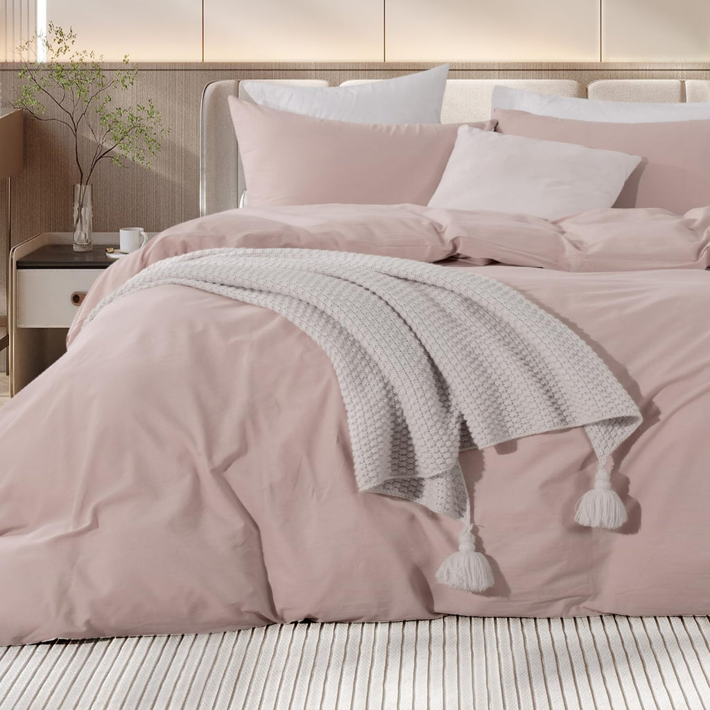 Nexhome Pro Duvet Cover Set King Size Linen Look Textured Organic Natural 100% Washed Cotton Duvet Cover Greyish Light Pink 3 Pi