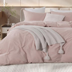 Nexhome Pro Duvet Cover Set King Size Linen Look Textured Organic Natural 100% Washed Cotton Duvet Cover Greyish Light Pink 3 Pi