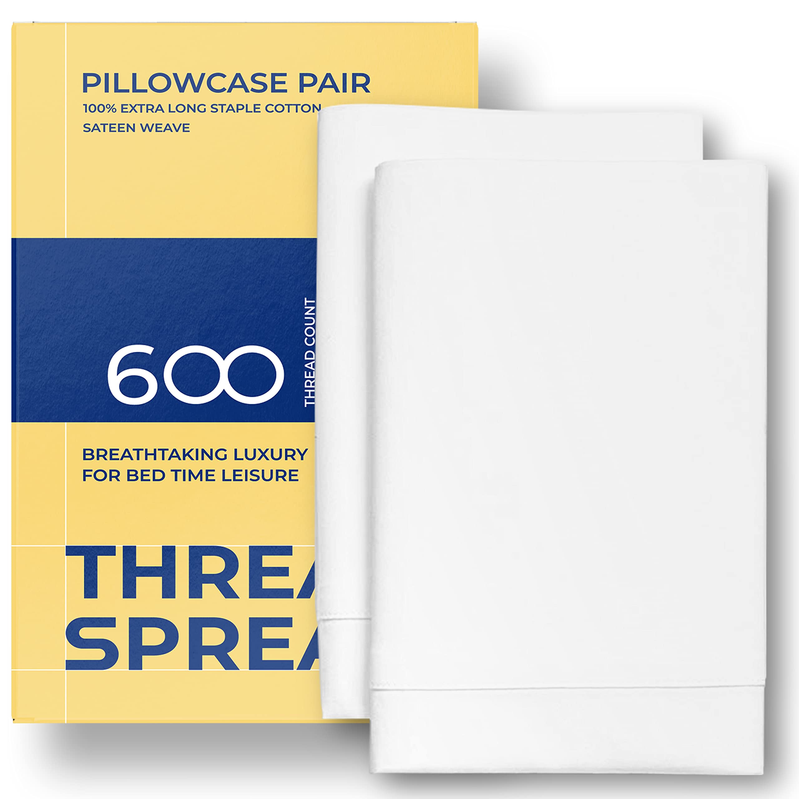 Thread Spread 100% Egyptian Cotton Pillow Cases King - 600 Thread Count White King Pillow Cases Set Of 2, Soft Cooling & Breatha