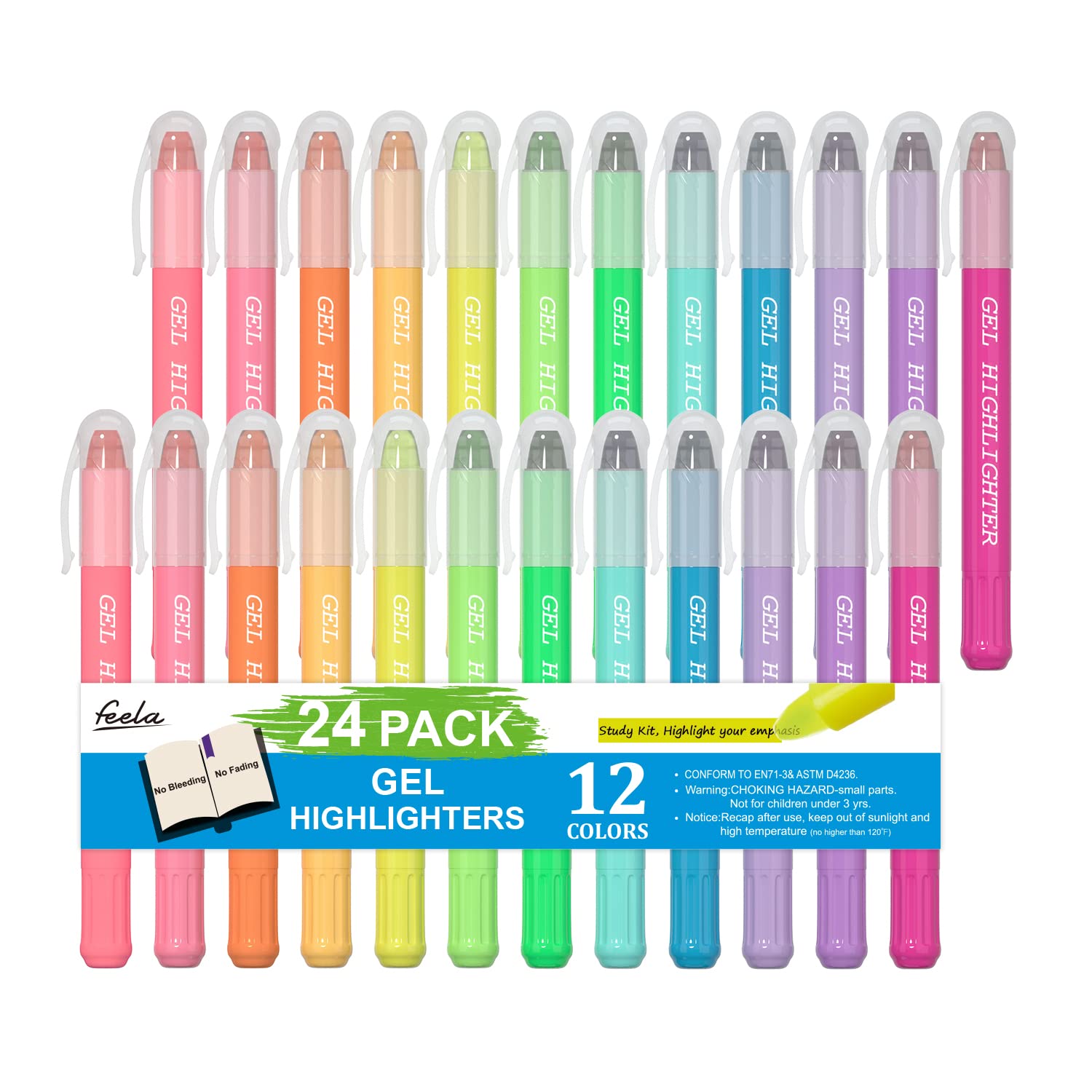 Feela 24 Pack Gel Highlighters, 12 Assorted Colors Bible Highlighter Markers Journaling Supplies, No Bleed Through For Highlight
