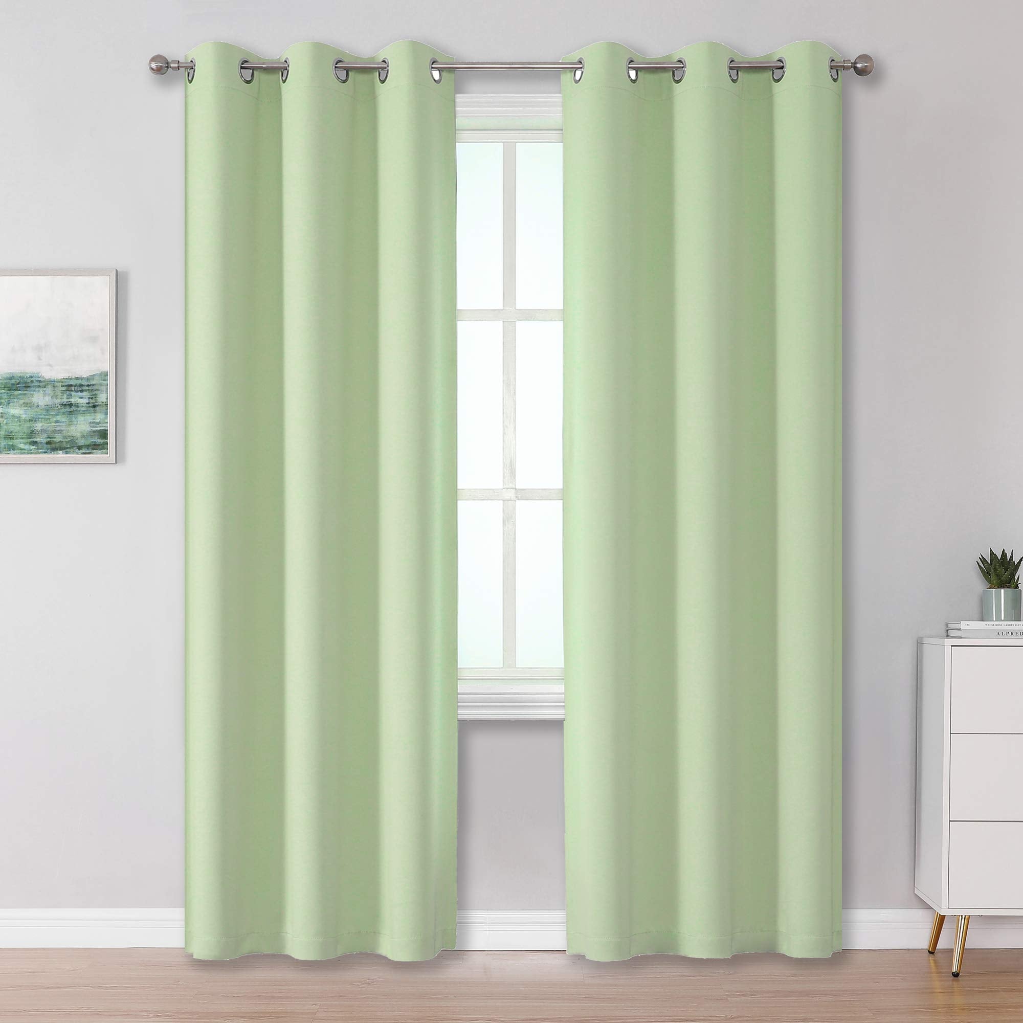 Dualife Light Green Blackout Curtain Panels/Drapes For Living Room 96 Inch Length Solid Energy Efficient Room Darkening Bedroom