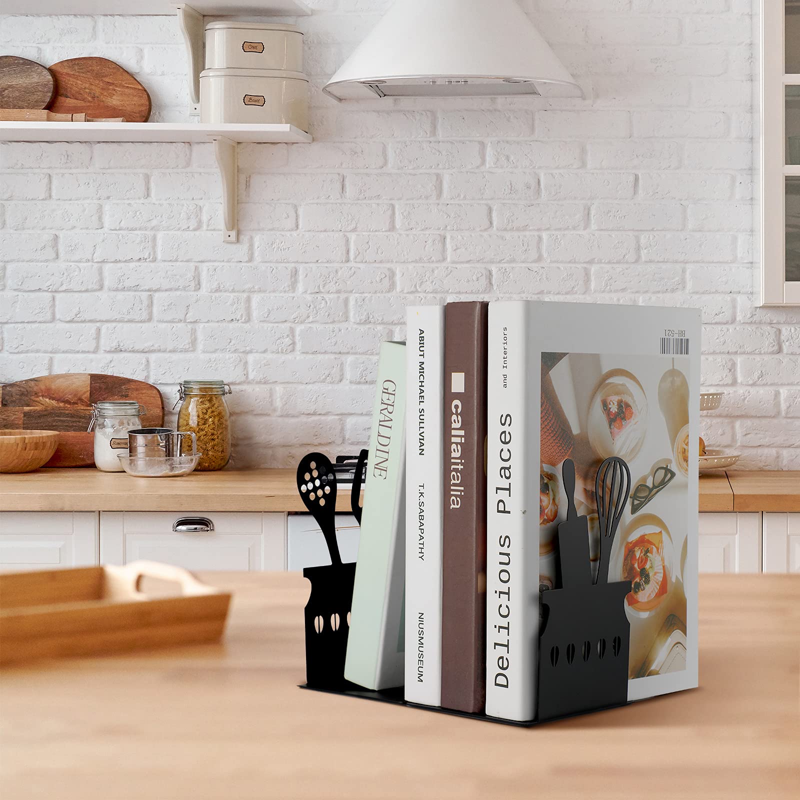 Black Kitchen Bookends 5.9 X 3.9 X 3.9 Inch Spoon Decorative Cookbook Metal Book Ends With Non-Slip Mat Metal Cookbook Storage B