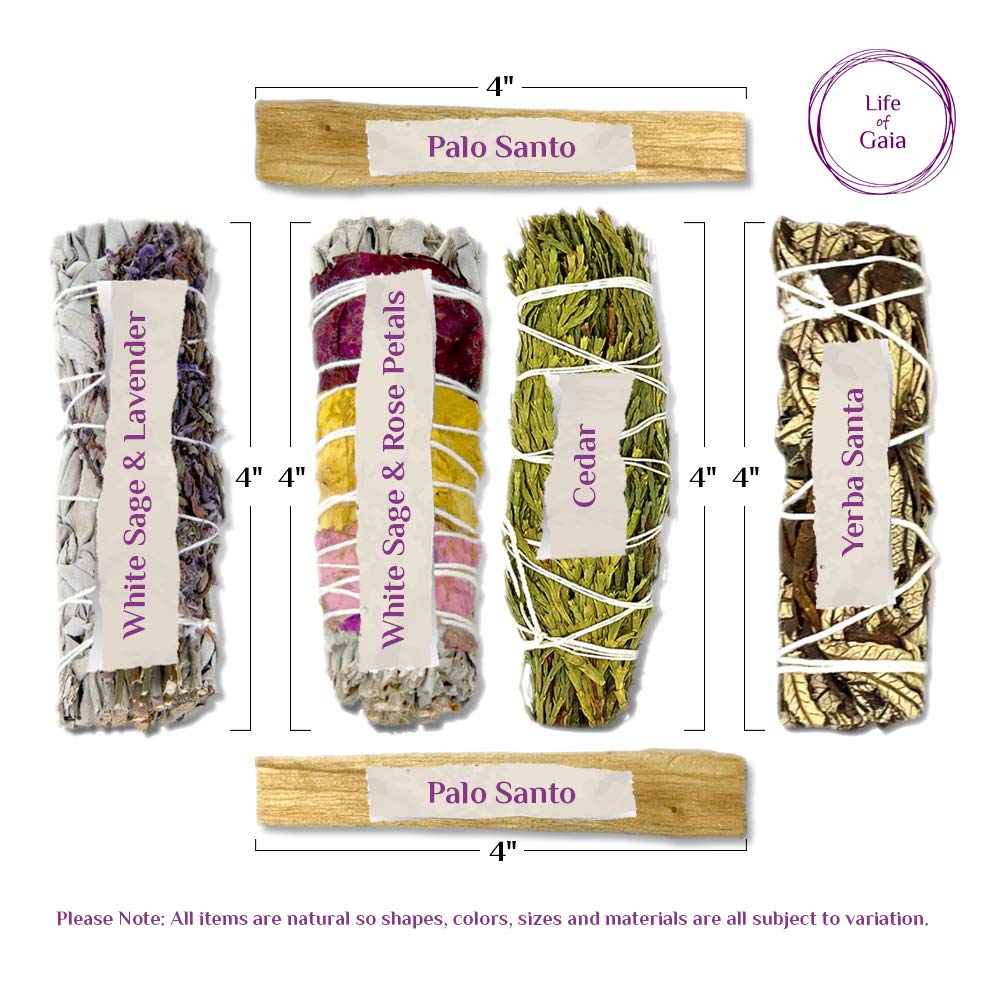 Life Of Gaia Sage Smudge Kit White Sage Sticks + Lavender And Rose Petals, Cedar Smudge Stick, Yerba Santa Stick & Palo Santo St