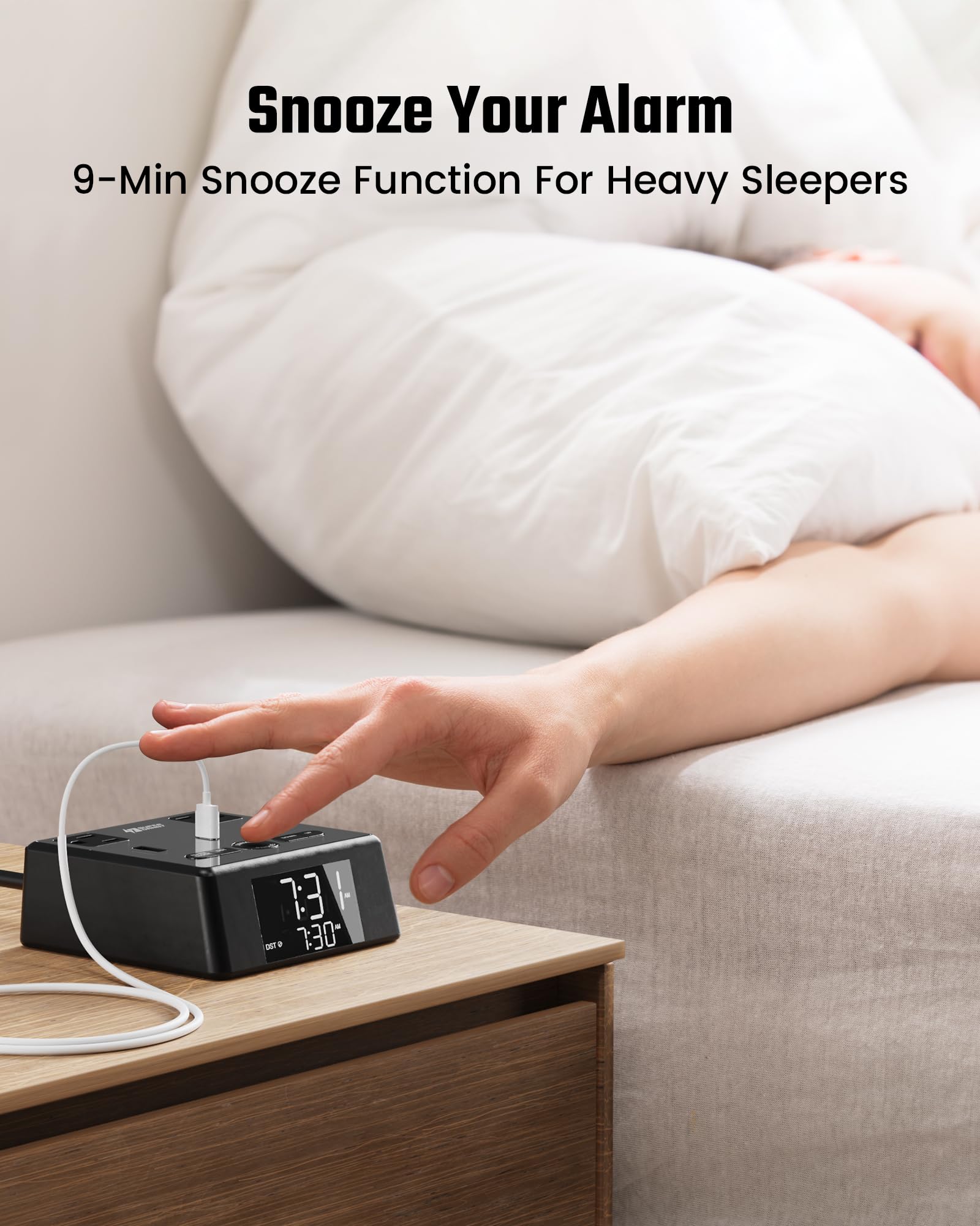 SUPERDANNY Digital Alarm Clock with 3 USB Chargers, 2 AC Outlets, LCD Display, 6.5ft Cord, Surge Protector - Black