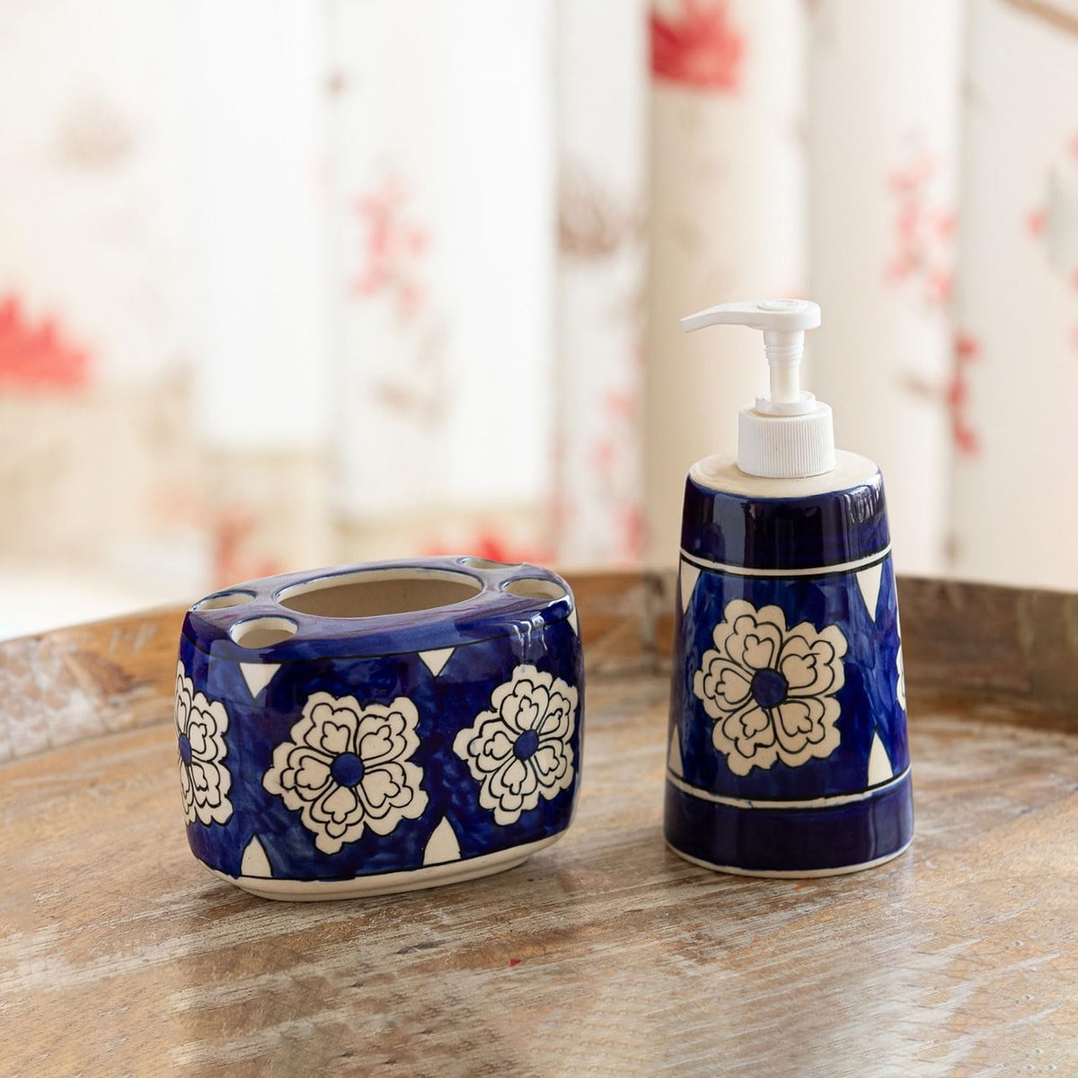 ExclusiveLane Mughal Bloom HandPainted Ceramic Bathroom Accessories Set of 2 (Liquid Soap Dispenser for Wash Basin, Paste & T