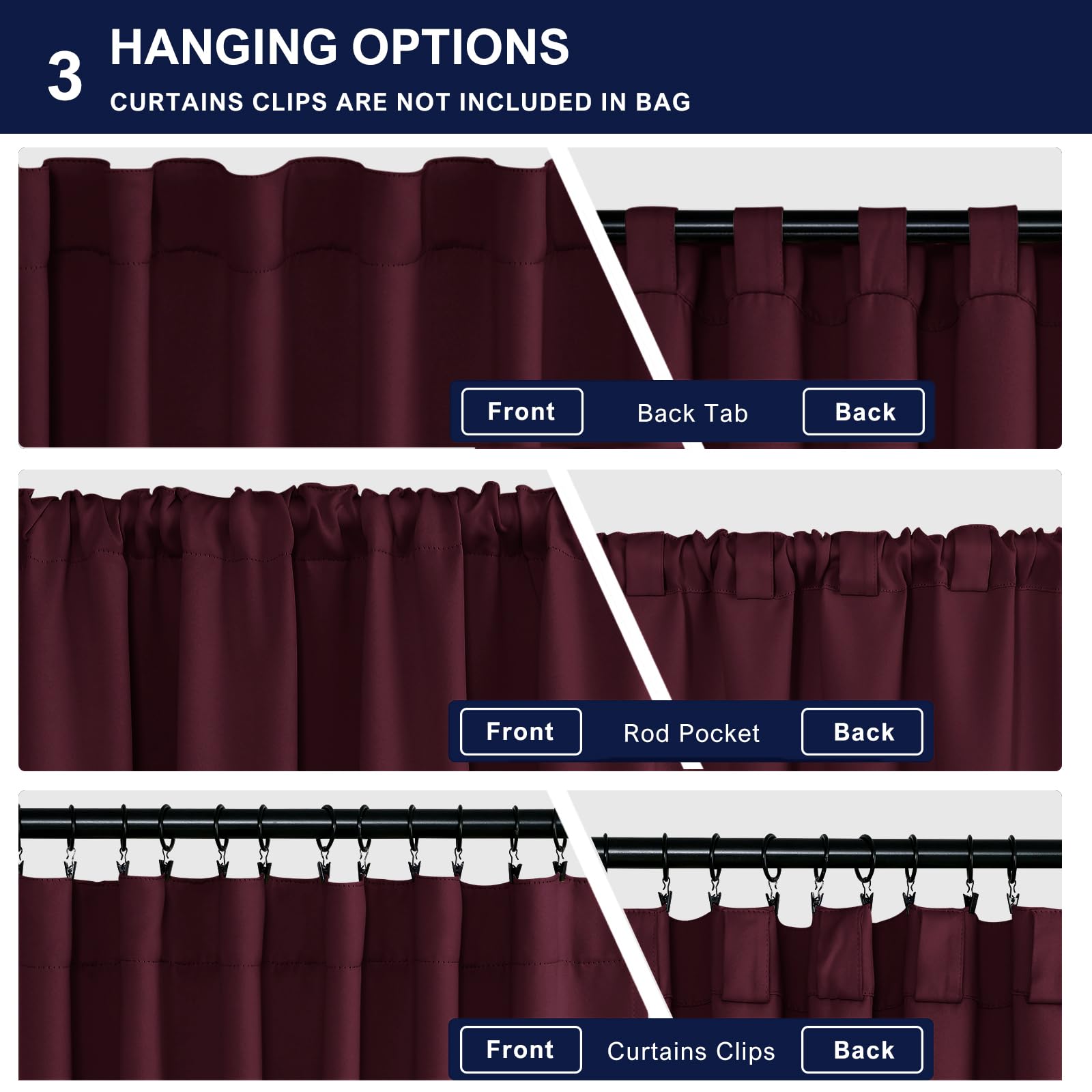 Hiasan Christmas Curtains 63 Inch Long Sewn With Tiebacks, Rod Pocket & Back Tab Blackout Thermal Insulated Burgundy Red Drapes,