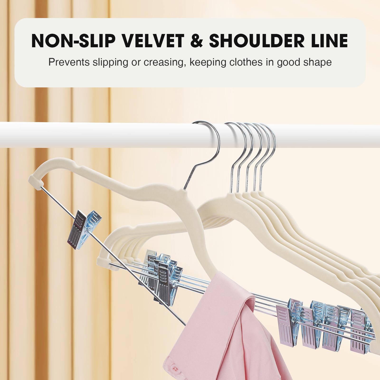 Ulimart 24-Pack Beige Velvet Hangers,Pants Hangers With Clips Adjustable,Felt Hangers,Heavy-Duty,Non-Slip,Space Saving,Slim Clot