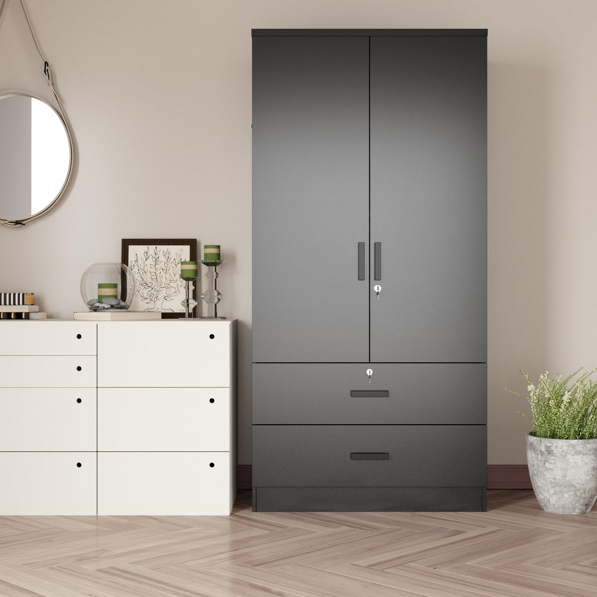 Woodpeckers Furniture And Mattress 2-Door Closet with 2-Drawers (Black)