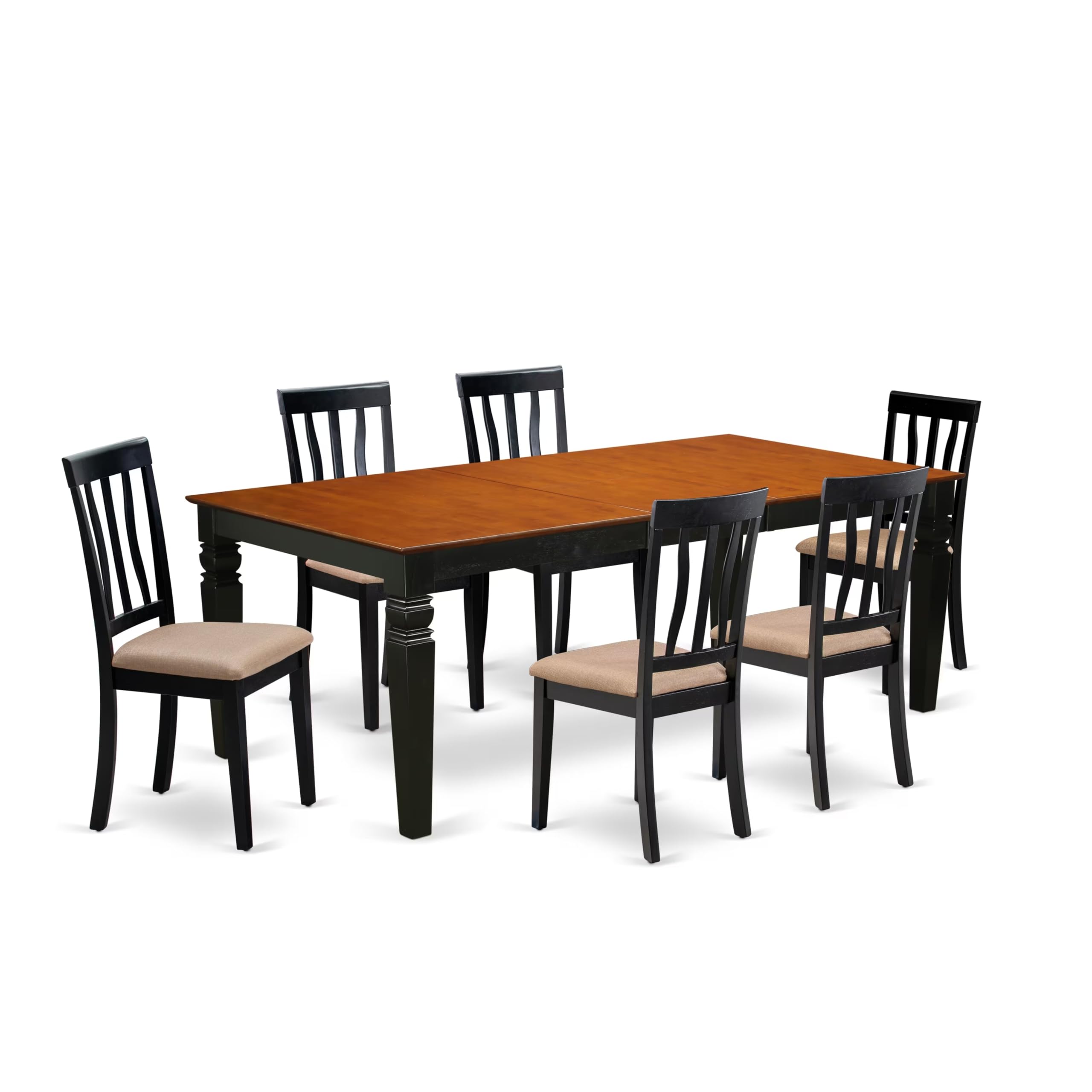 East West Furniture LGAN7-BCH-C 7 Piece Dining Table Set Consist of a Rectangle Wooden Table with Butterfly Leaf and 6 Linen Fabric Dining Room Chairs, 42x84 Inch, Black & Cherry
