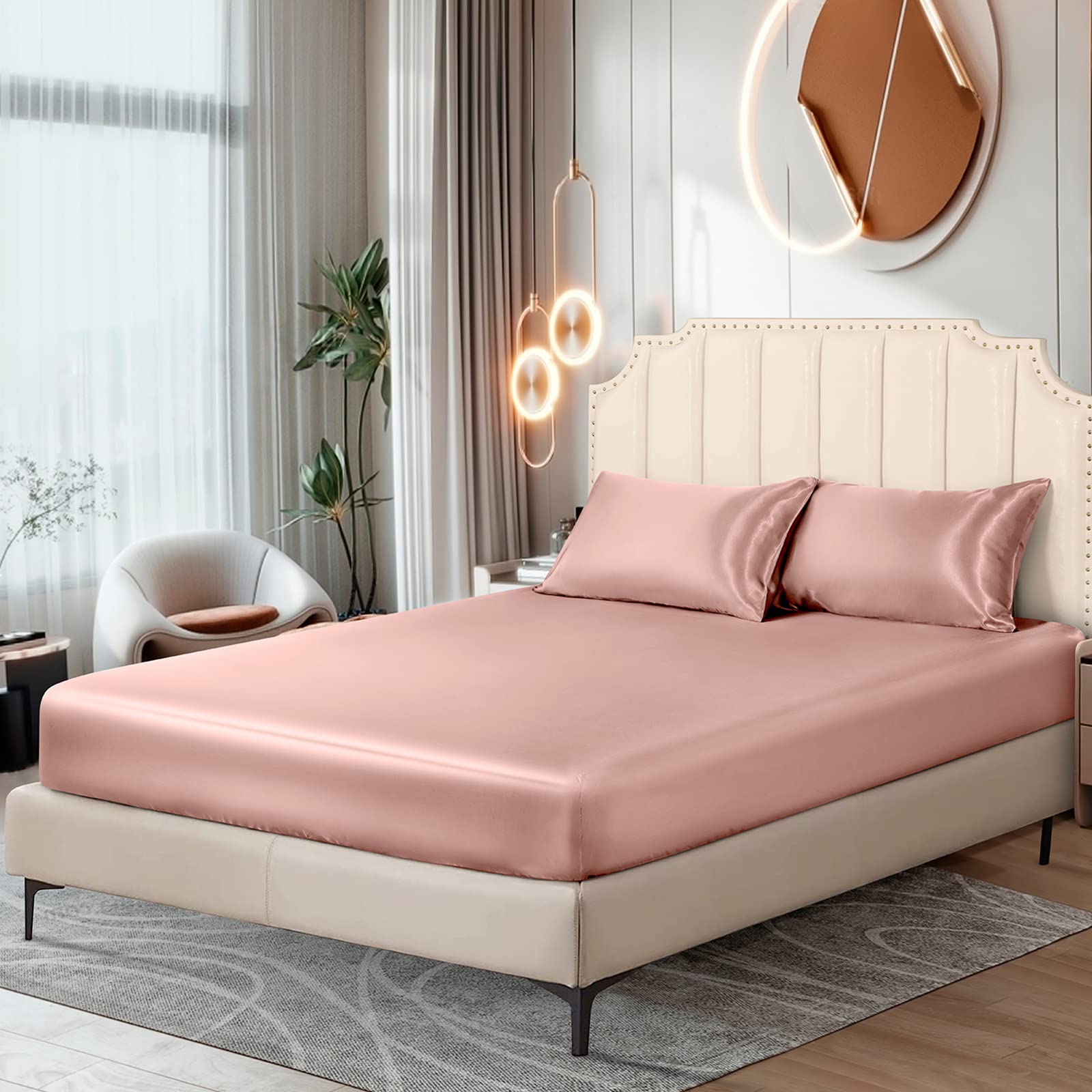 Ersmak Satin Fitted Sheet Only, Luxury Silky Full Fitted Sheet Ultra Soft Deep Pocket Bottom Sheet, Wrinkle & Fade Resistant - C