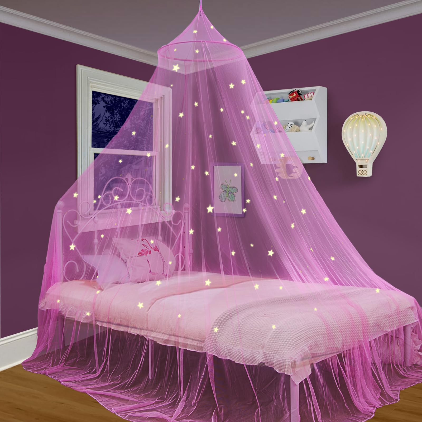 South To East Princess Bed Canopy For Girls With Glowing Stars, Pink Canopy For Girls Room, Bed Canopy Curtains From Ceiling For
