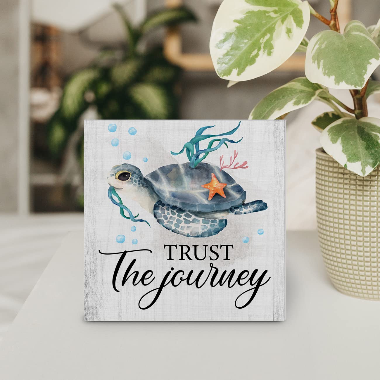 Country Beach Sea Turtle Wood Box Sign Decor Desk Sign Sea Turtle Beach Wooden Box Block Sign Summer Signs Rustic Home Shelf Wal