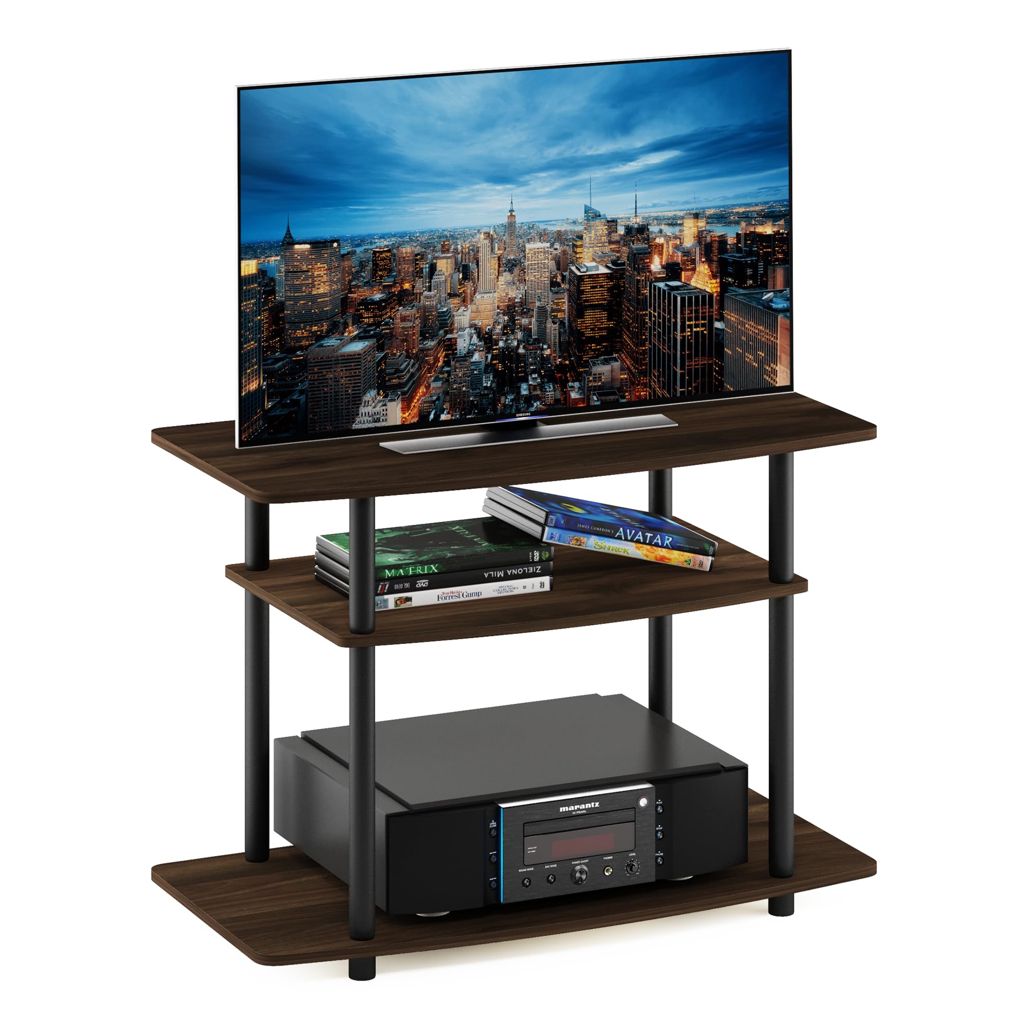 Furinno Turn-N-Tube No Tools 3-Tier Entertainment Center TV Stand for TV up to 32 Inch, Plastic Round Tubes, Columbia Walnut/Black