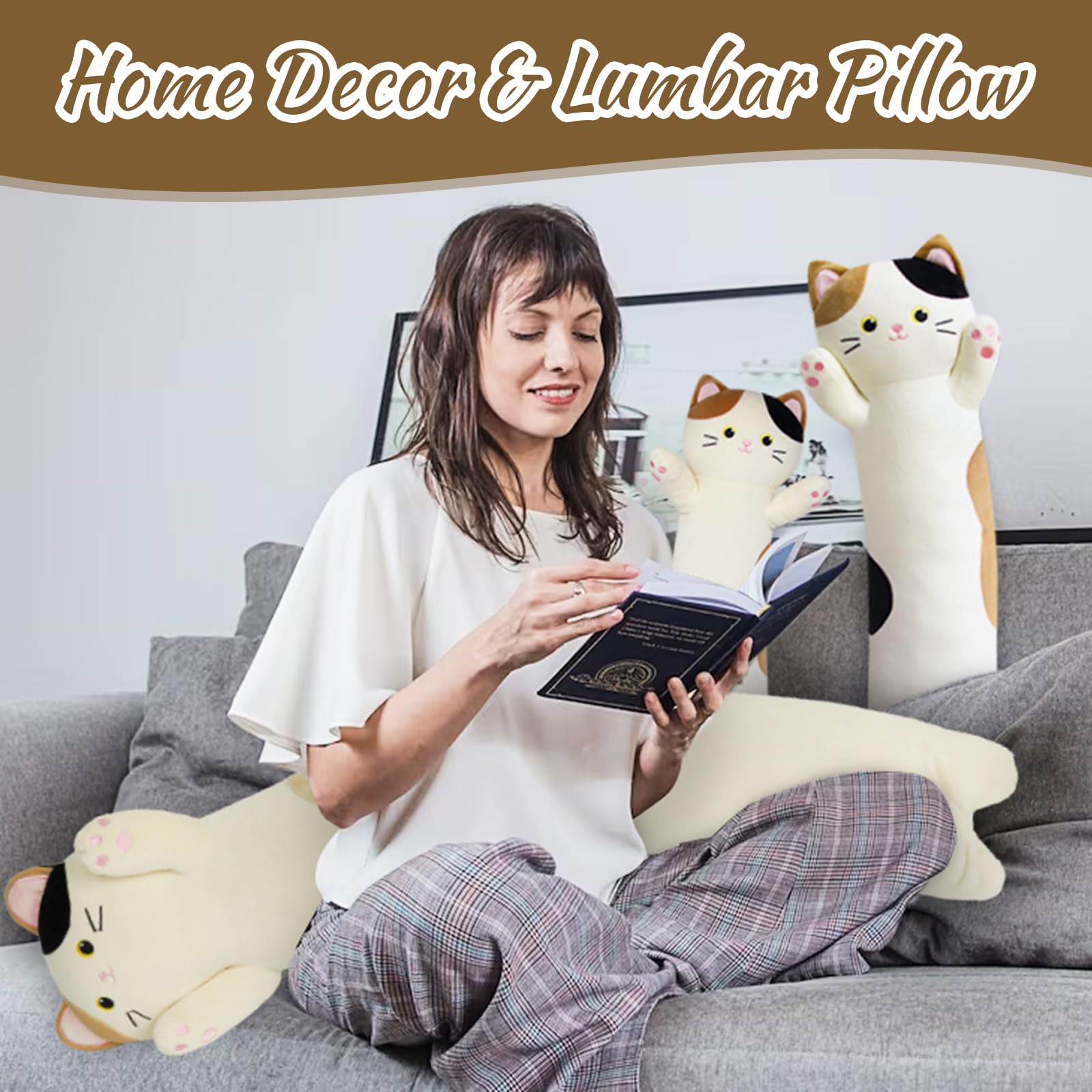 Jerokumi Long Cat Plush Pillow, 31Inch Cartoon Cat Boby Pillow Long Cat Hugging Pillow For Girls, Ctue Long Cat Pillow For Kids,