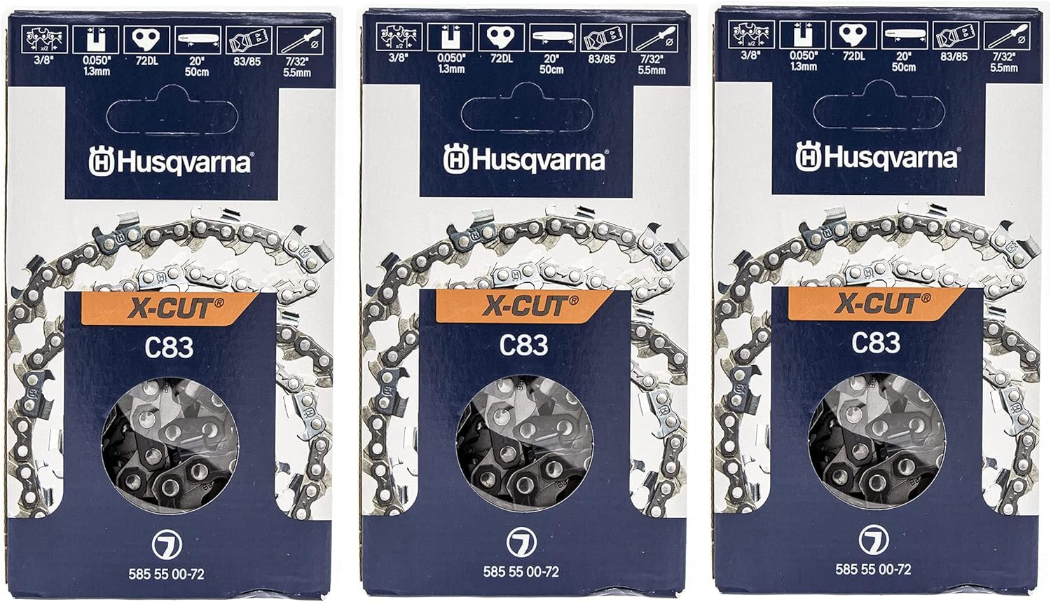 Husqvarna 585550072 20' C83 Chainsaw Chains, 3/8, .050, 72Dl, Pack Of 3