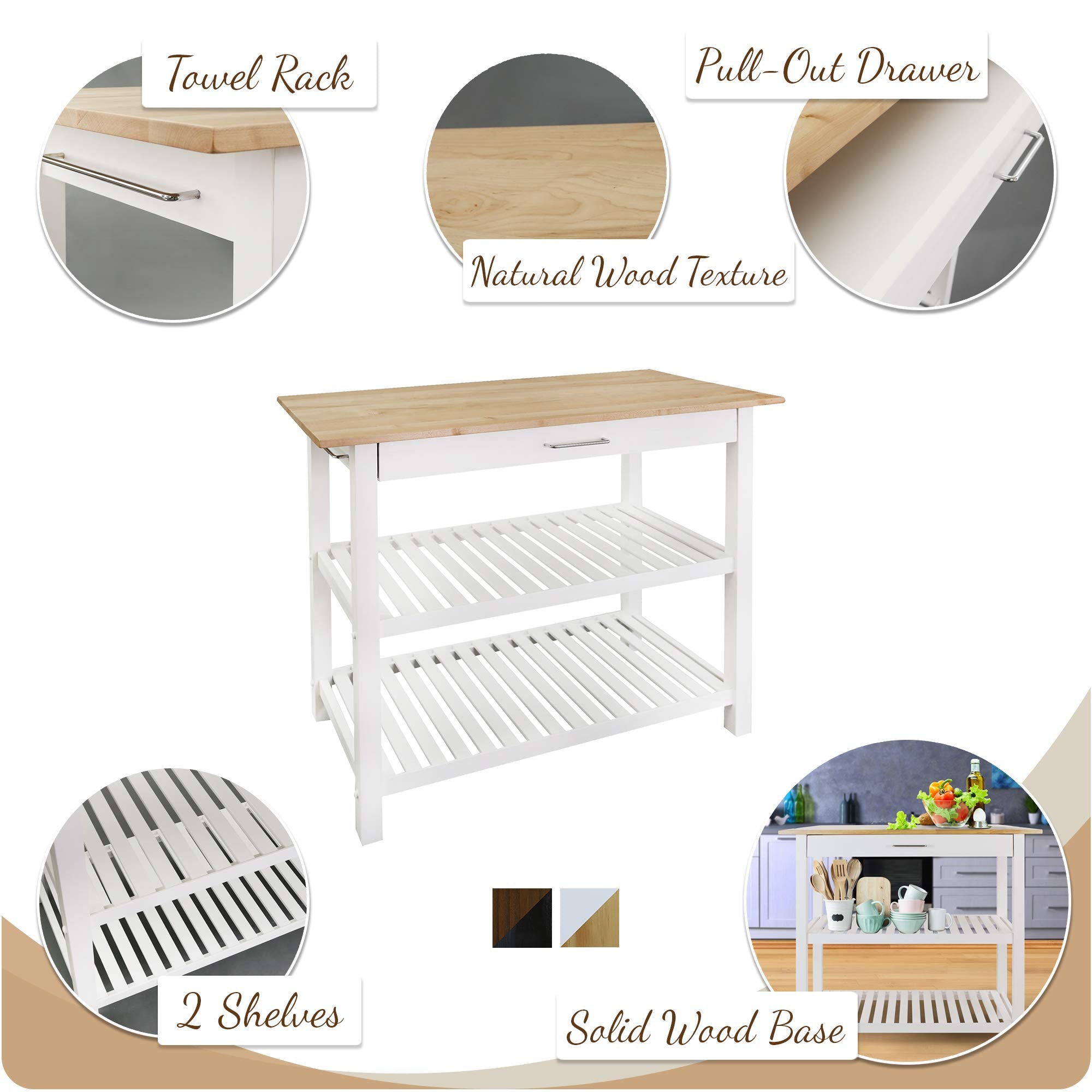 Casual Home Kitchen Island With Solid American Hardwood Top, Walnut&Black