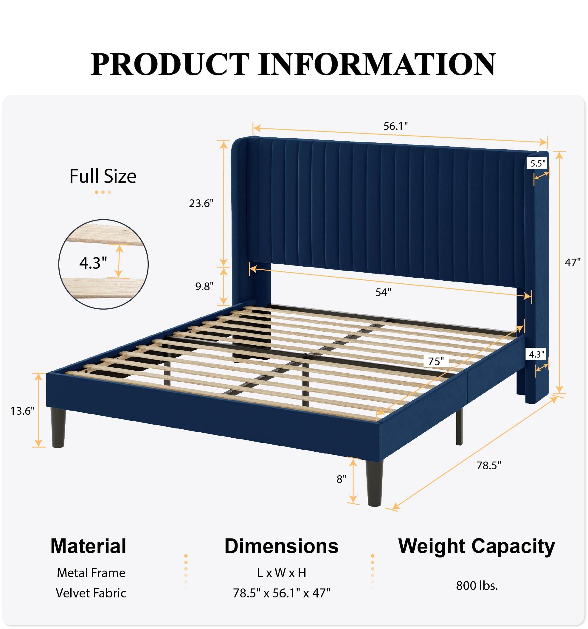 Sha Cerlin Full Size Velvet Bed Frame With Vertical Channel Tufted Wingback Headboard, Upholstered Platform Bed With Wood Slats, No Box Spring Needed, Easy Assembly, Blue