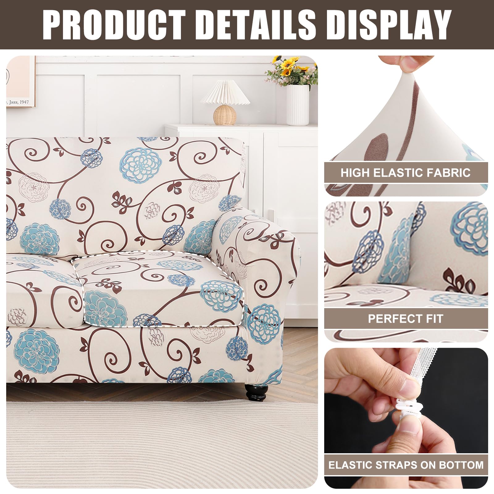 Searchi Stretch Sofa Cover Printed Couch Cover, Floral Pattern 4 Pieces Sofa Slipcover With 3 Separate Cushion Cover, Washable Furniture Protector For Living Room(Sofa, Ball Flower)