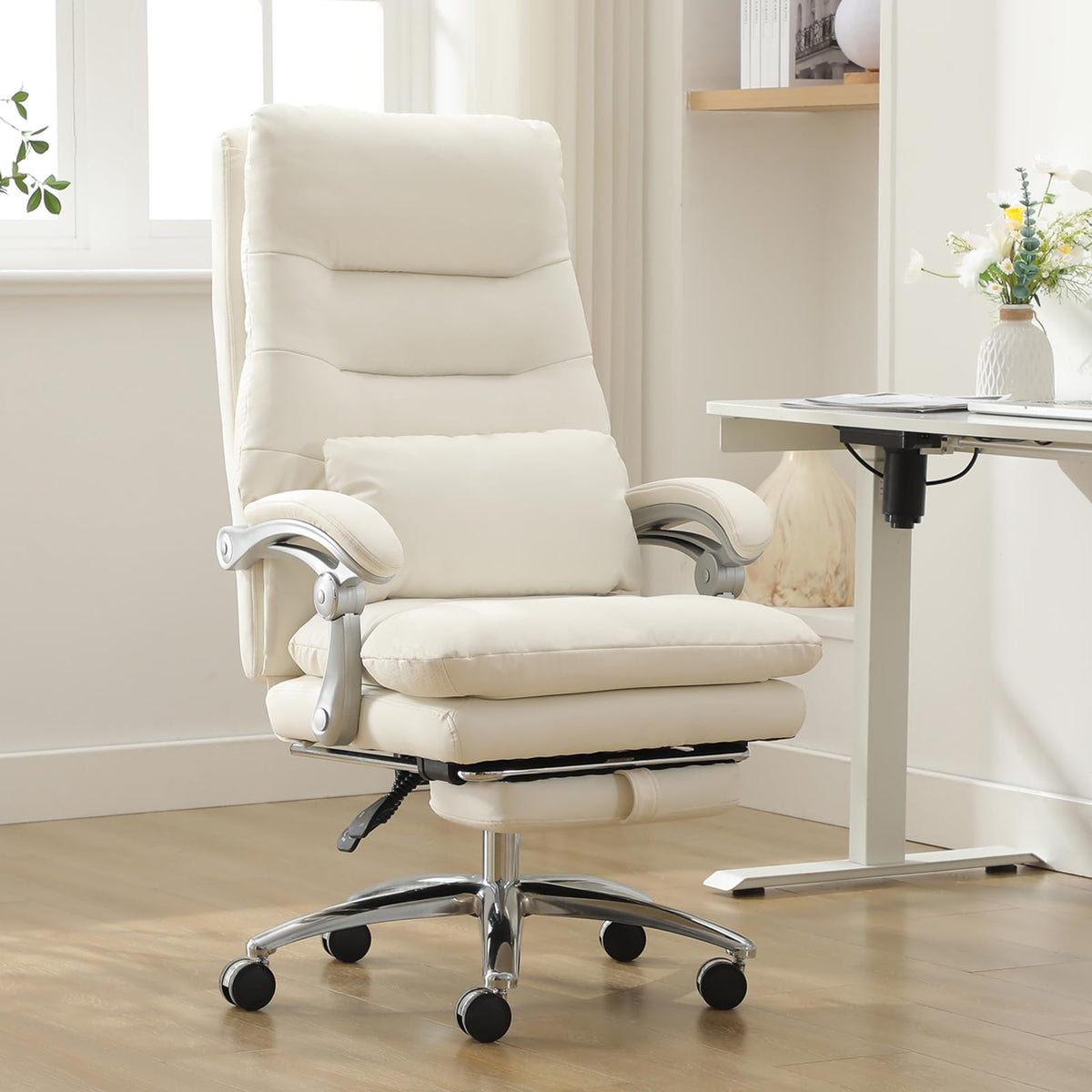 Bowthy Office Chair With Foot Rest - High Back Executive Chair With Padded Linkage Armrests, Reclining Desk Chair With Wheels, C