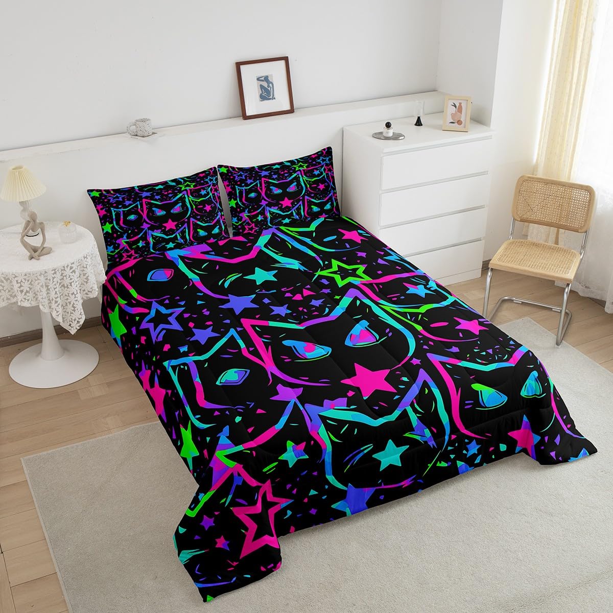 Erosebridal Halloween Cat Bedding, Black Cat Comforter Set For Kids Girls Boys Teens, Ombre Glowing Neon Stars Down Comforter, K