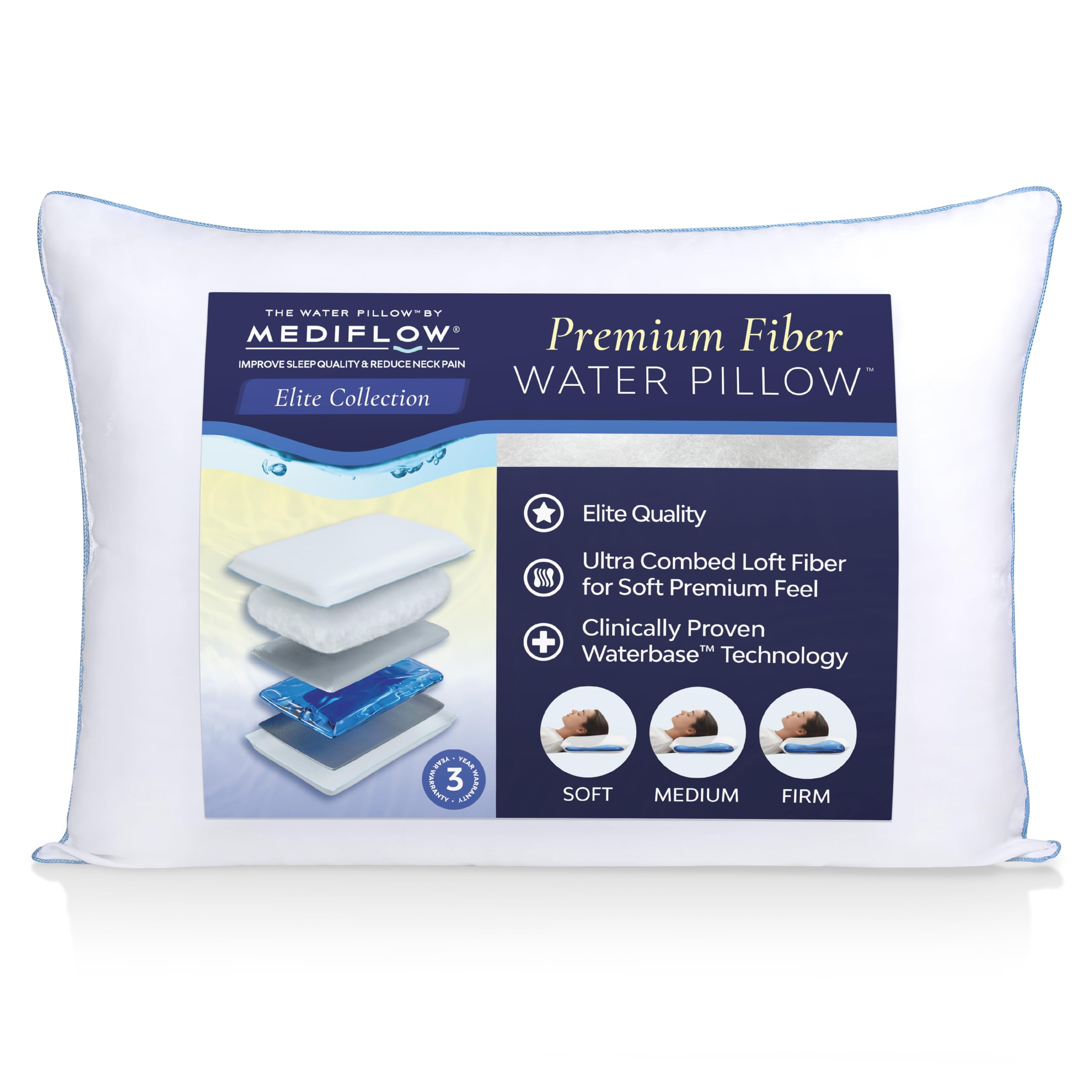 Mediflow Water Pillow - Elite Collection, Fiber Pillow. Orthopedic Pillow For Neck Pain Relief, Adjustable Water Pillow For Slee
