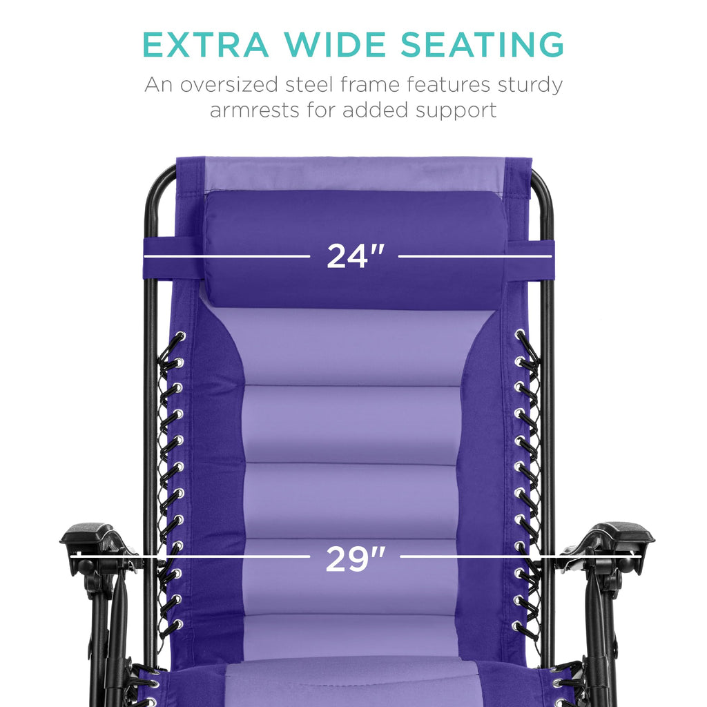 Best Choice Products Oversized Padded Zero Gravity Chair, Folding Outdoor Patio Recliner, Xl Anti Gravity Lounger For Backyard W/Headrest, Cup Holder, Side Tray, Polyester Mesh - Purple/Violet