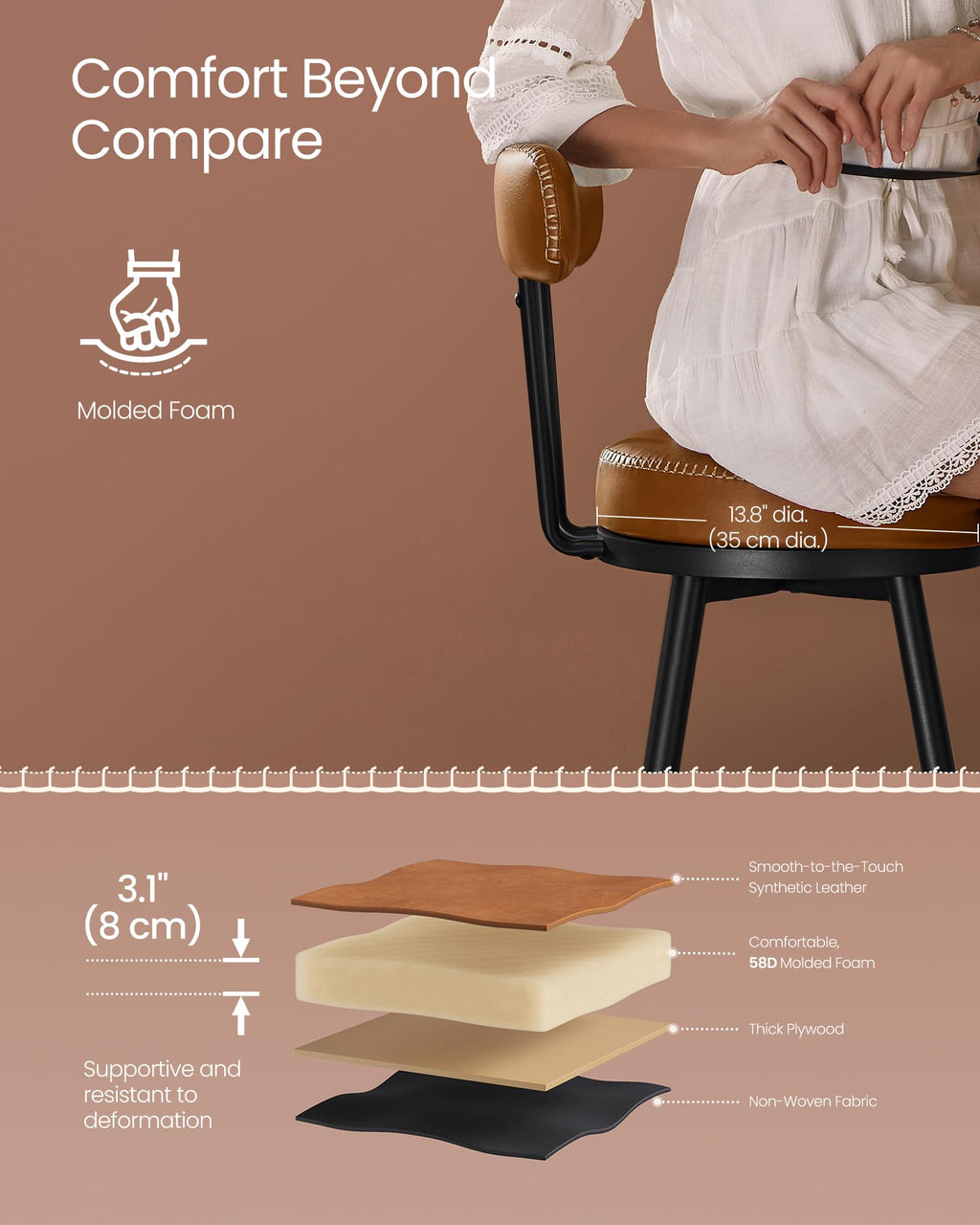 Vasagle Ekho Collection - Bar Stools Set Of 2, Bar Height Swivel Bar Stools With Back, Synthetic Leather With Stitching, Mid-Century Modern, 30-Inch Tall Barstools For Kitchen Home Bar, Caramel Brown