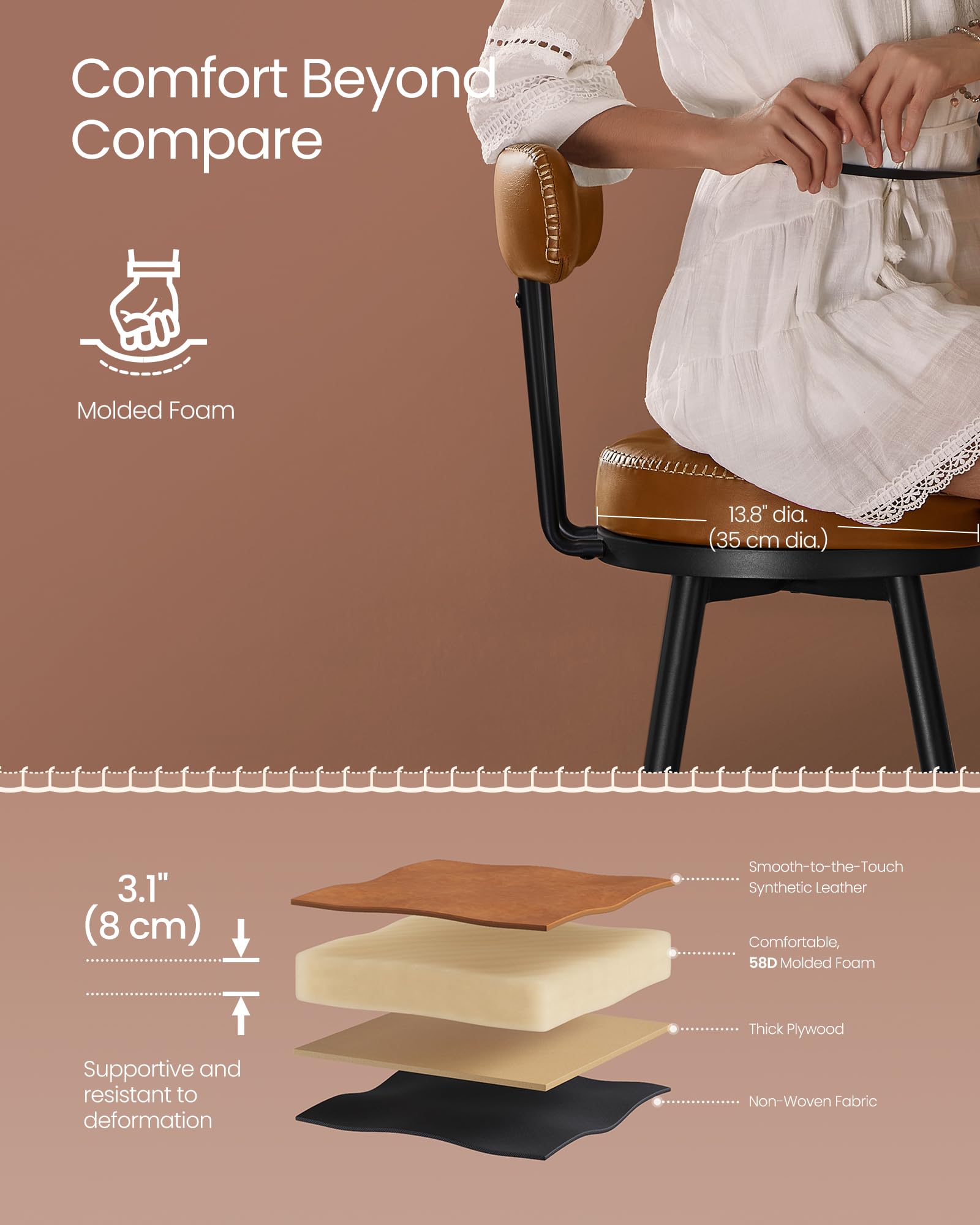 Vasagle Ekho Collection - Bar Stools Set Of 2, Bar Height Swivel Bar Stools With Back, Synthetic Leather With Stitching, Mid-Century Modern, 30-Inch Tall Barstools For Kitchen Home Bar, Caramel Brown