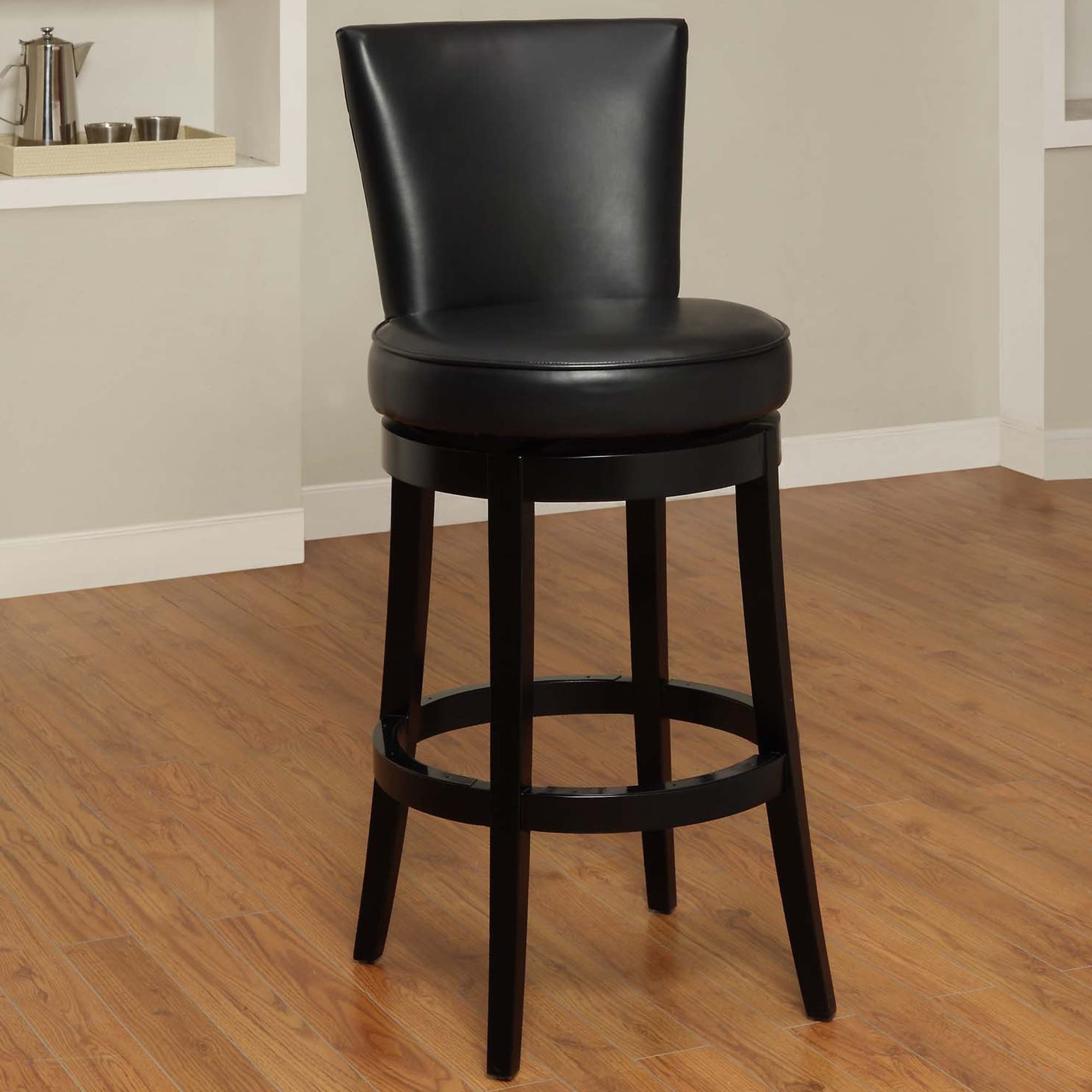 HomeRoots Black Hardwood, Bonded Leather 30' Black Faux Leather Round Seat Black Wood Swivel Armless Bar Stool