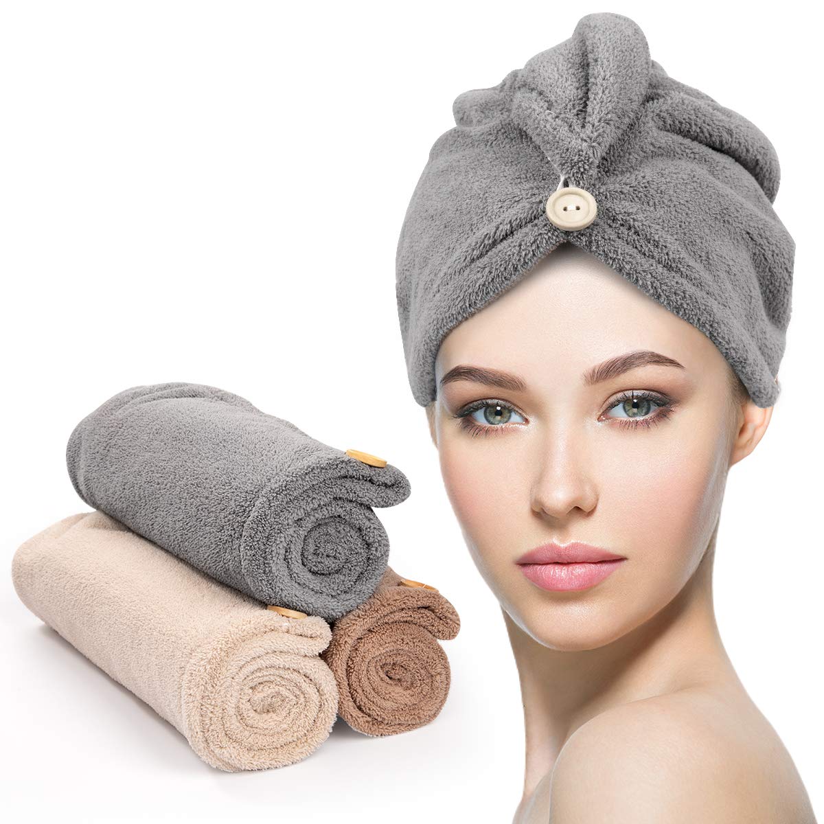 YFONG 3 Pack Microfiber Hair Towel with Button, Super Absorbent Fast Drying Hair Wraps for Curly Hair, Anti Frizz Towel for Wome