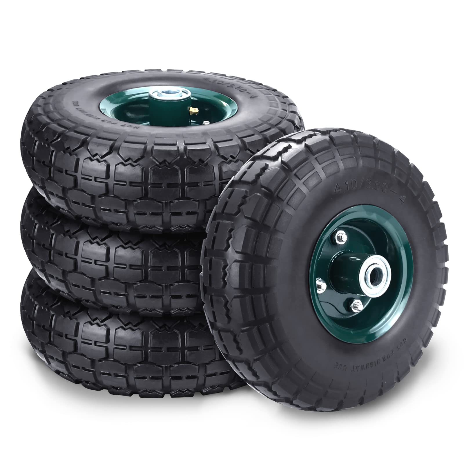 4 Pcs 10' Flat Free Tires Solid Pneumatic Tires Wheels, 4.10/3.50-4 Air Less Tires With 5/8' Center Bearings, For Wheelbarrow/