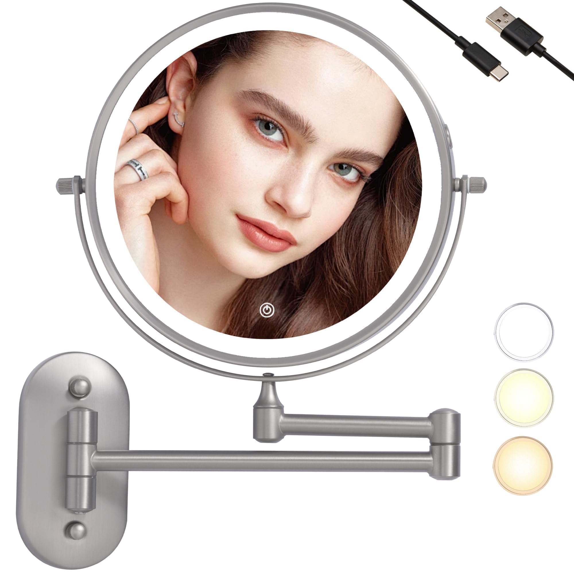 Rechargeable Wall Mounted Lighted Makeup Vanity Mirror with 10X/1X Magnification For Shaving, 8Inch Brushed Nickel Magnifying Mi