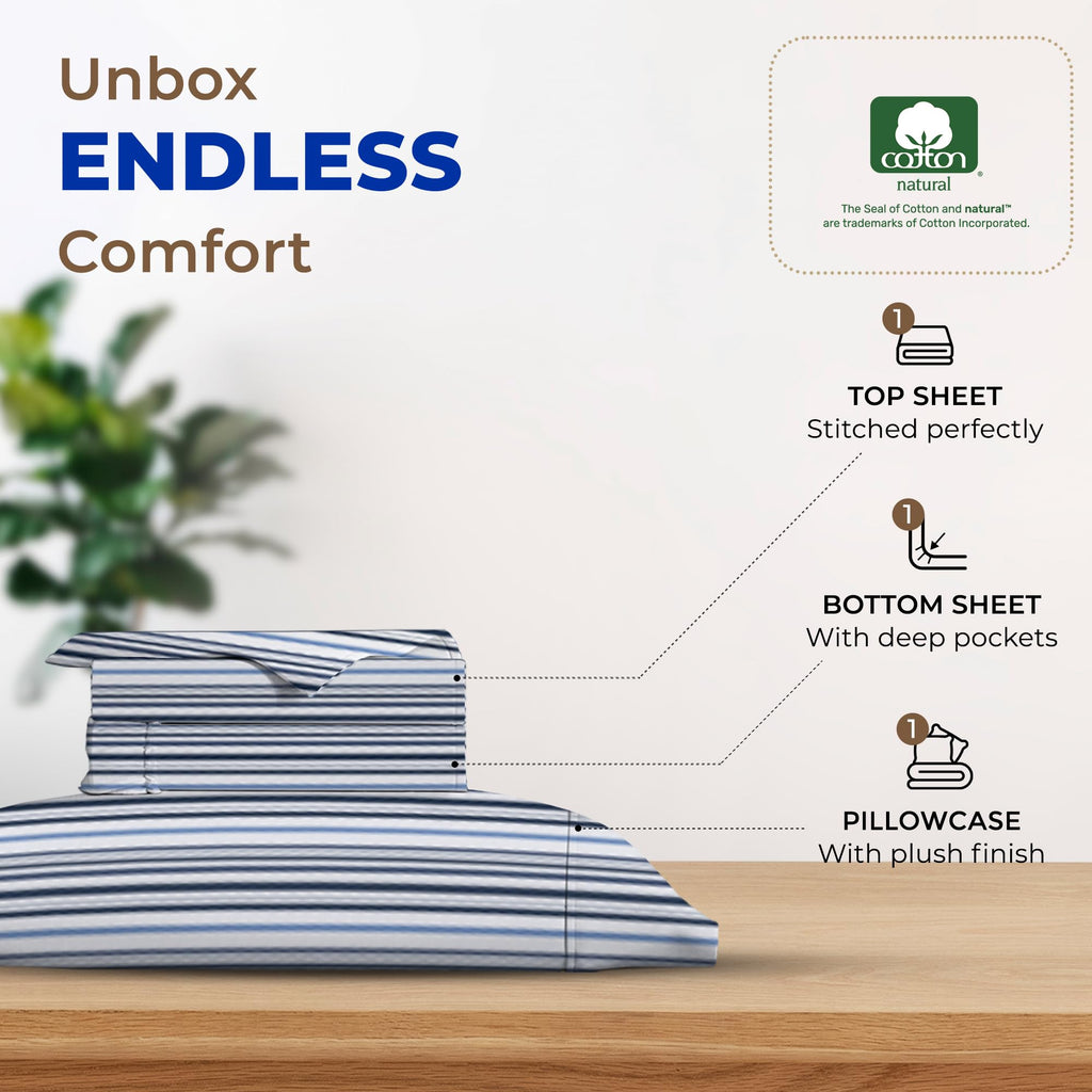 Thread Spread 100% Egyptian Cotton Printed Bed Sheets - 600 Thread Count 3 Pc Twin Sheet Set, Hotel Luxury Sateen Bedsheets, 16' Deep Pocket Soft Cooling Sheets For Twin Size Bed - Variegated Stripe