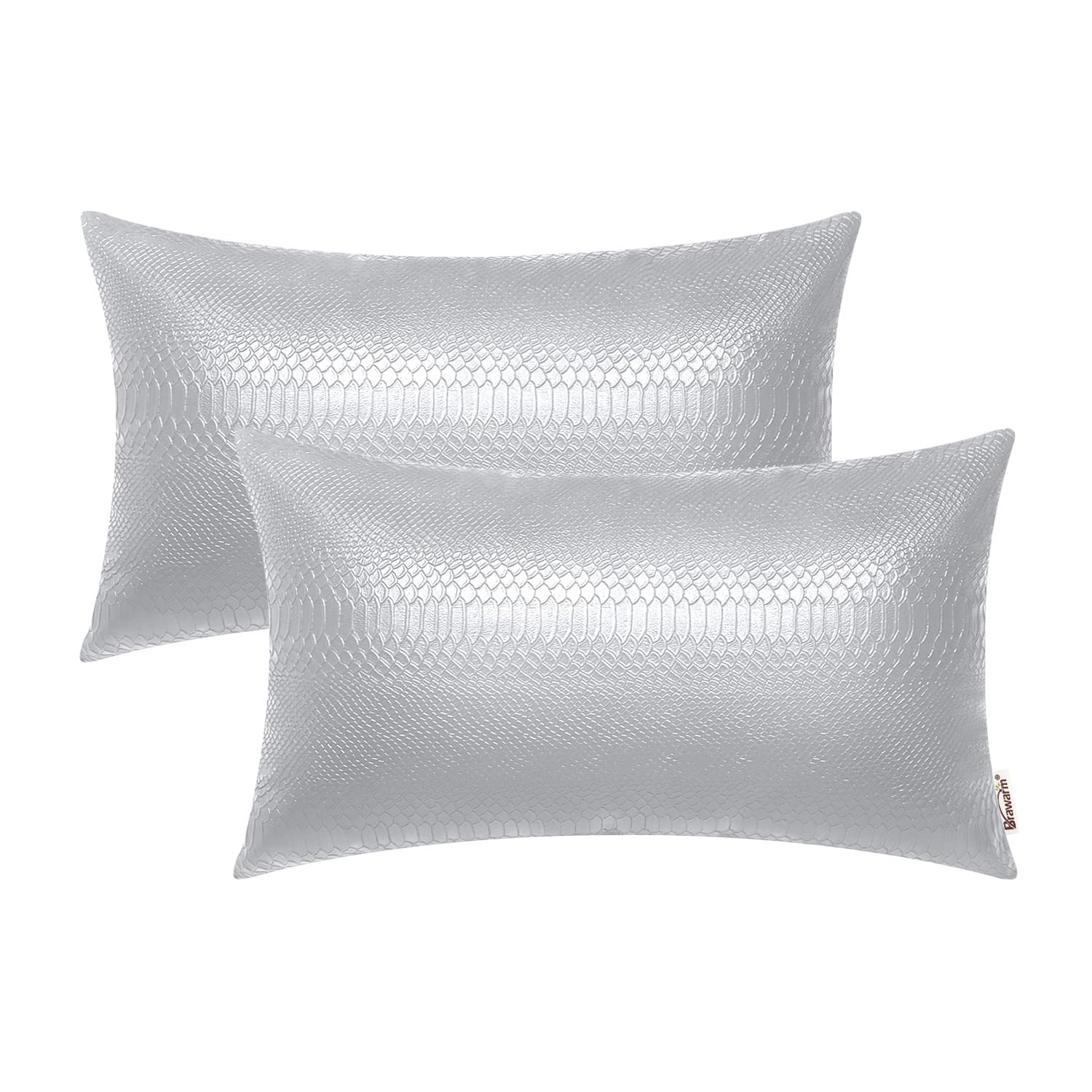 BRAWARM Silver Leather Throw Pillows 12 X 20 Inches, Snake Leather Pillow Covers Pack of 2, Faux Leather Decorative Lumbar Pillo