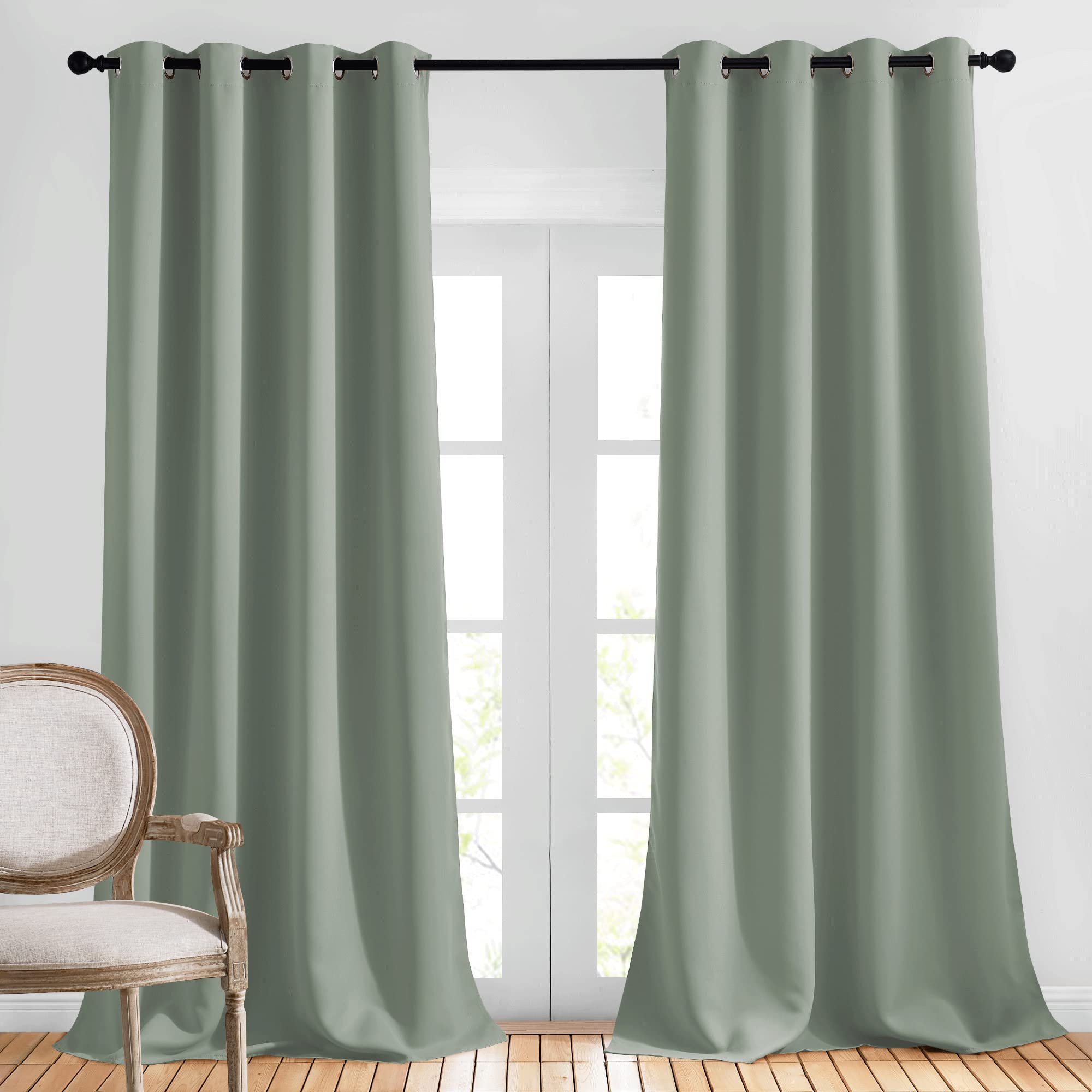 Nicetown Room Darkening Sage Green Curtains 108 Inch Length - Grommet Thermal Insulated Window Treatments Solid Panels For Livin