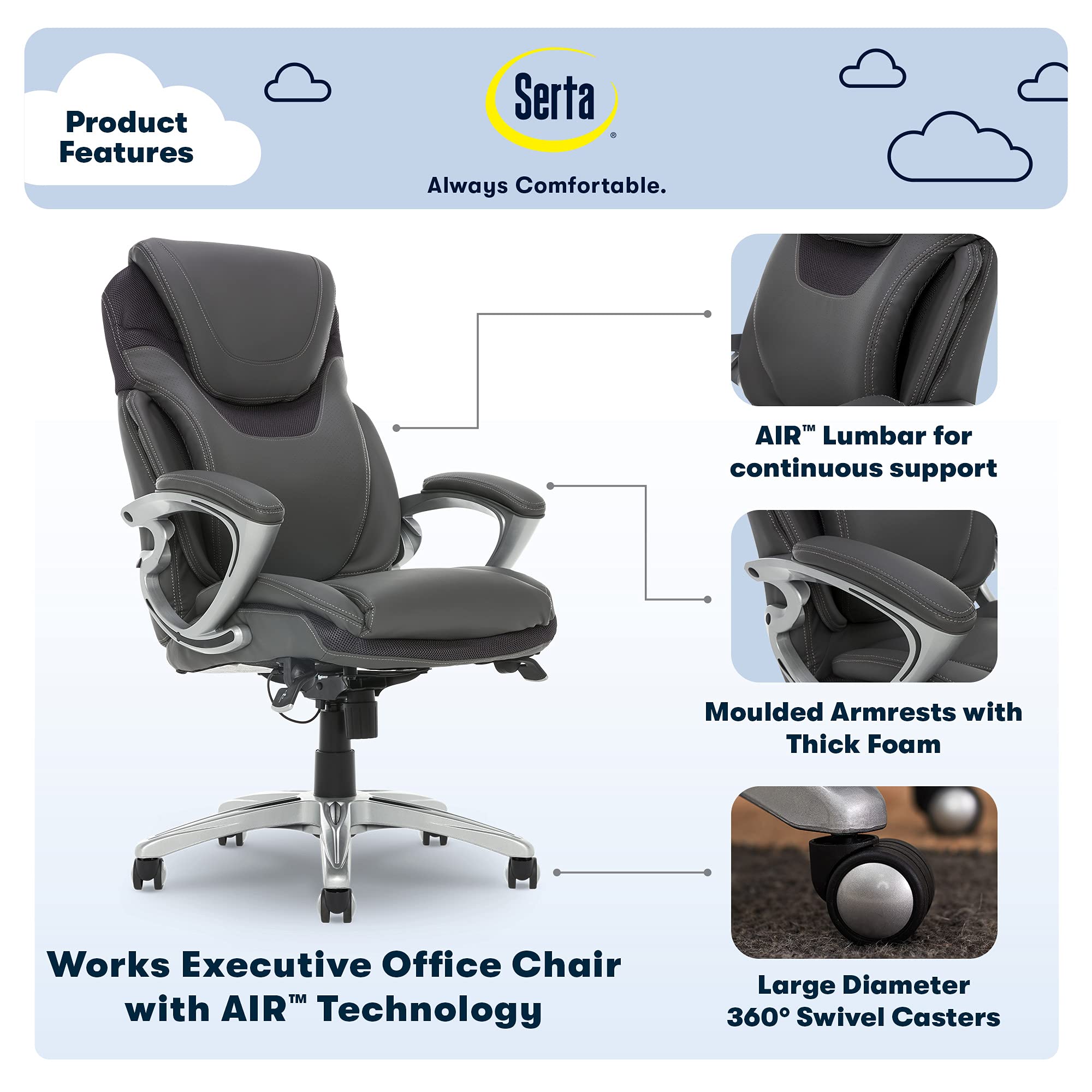 Serta Bryce Executive Office Chair, Ergonomic Computer Deskchair With Patented Air Lumbar Technology, Comfortable Layered Body Pillows For Cushioning, Sertaquality Foam, Bonded Leather, Gray