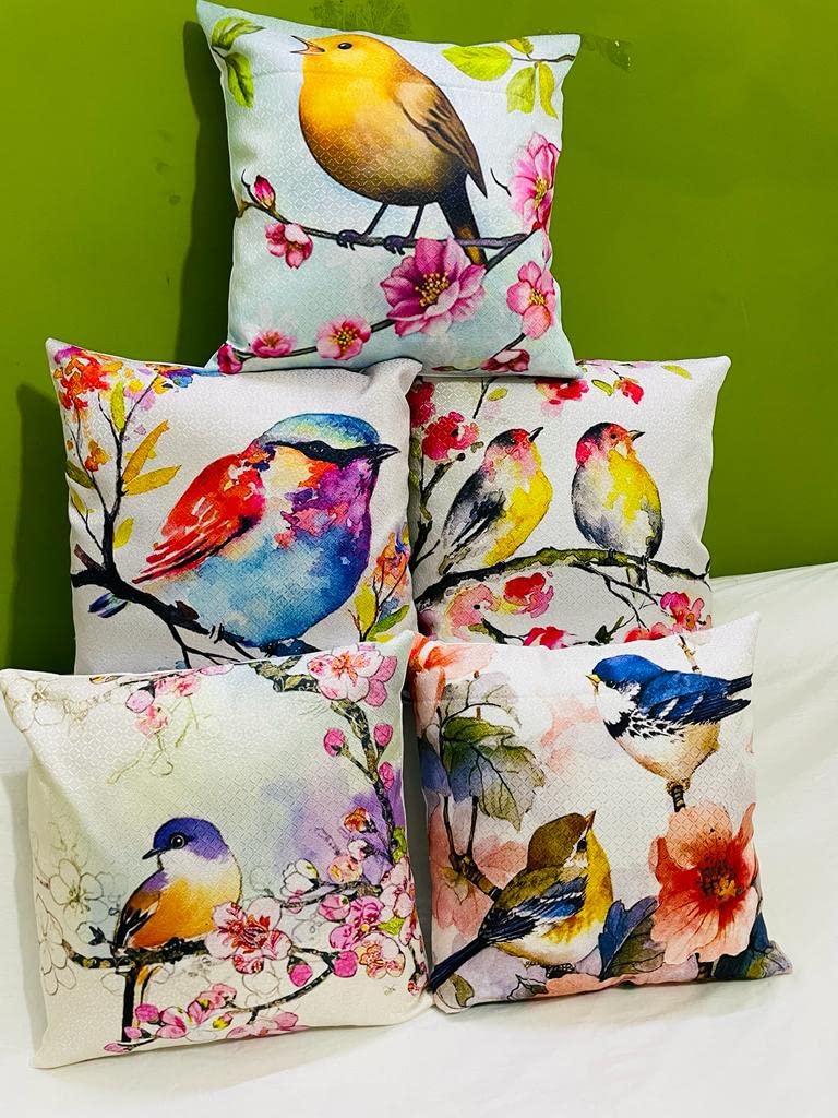 Balley Multicolor Bird Print Cotton Cushion Cover 16X16 Inches
