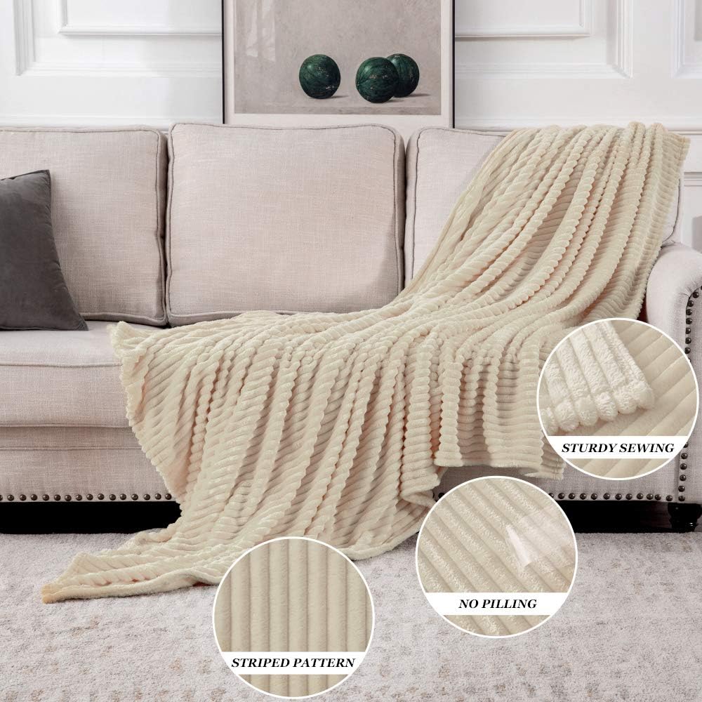 Miulee Beige Throw Blanket 3D Ribbed Jacquard Fleece Flannel Velvet Plush Decorative Bed Blanket (Throw, 50' X 70') - Super Soft, Lightweight, Warm And Cozy For Couch Sofa