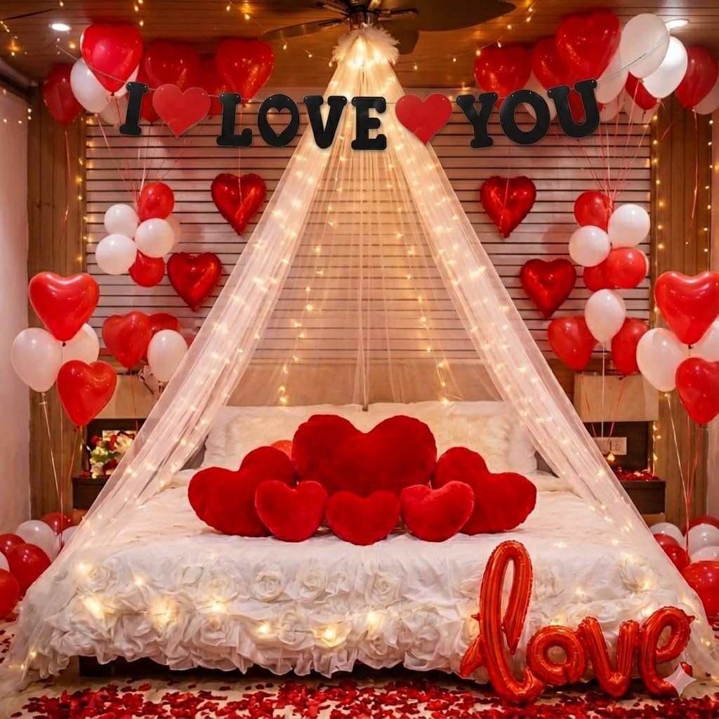 47 Pcs Romantic First Night Decoration Kit For Bedroom With Love Foil, Red Heart Balloons, Canopy Tent, Valentine & Honeymoon Ro