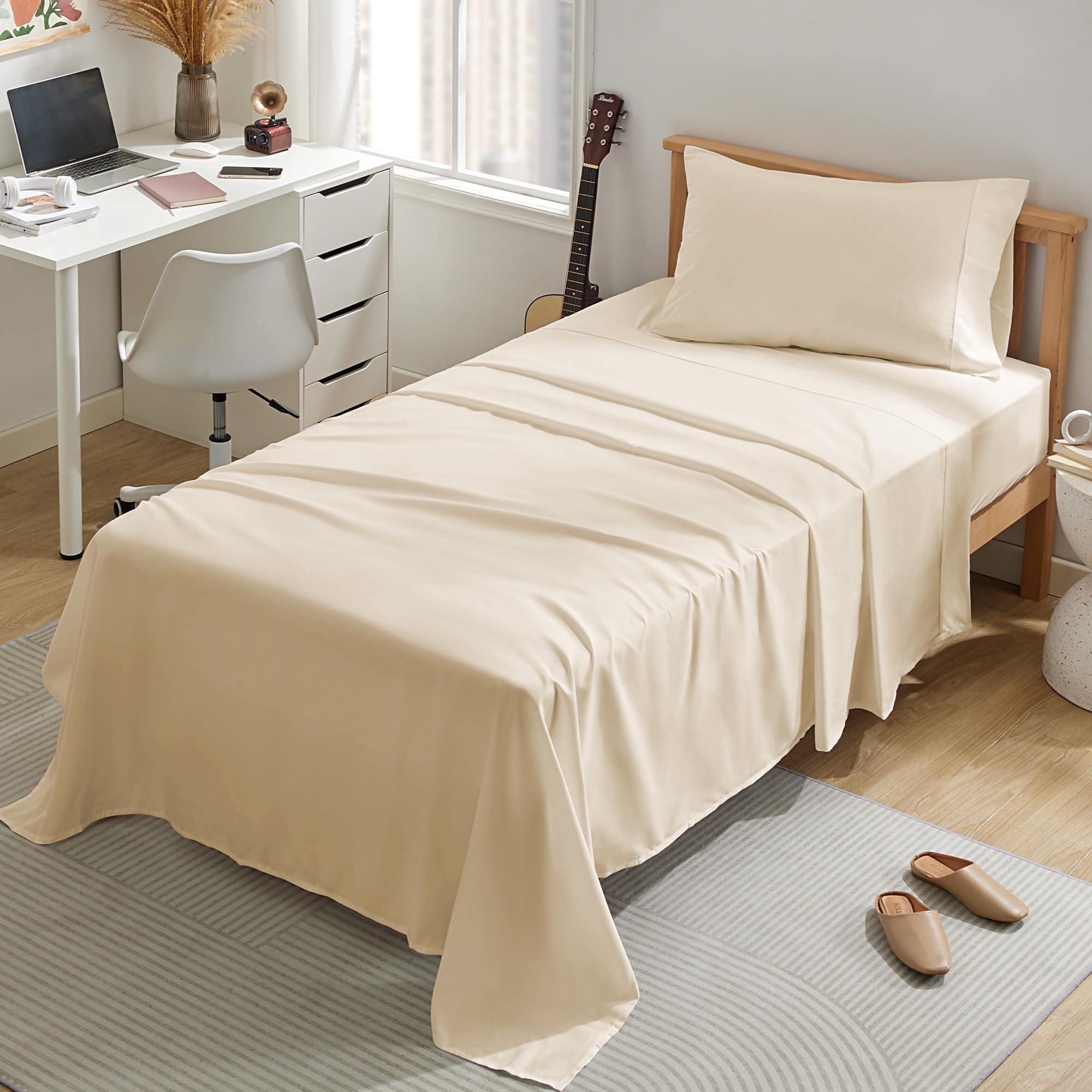 Sleep Zone Nanotex Super Soft Cooling Twin Bed Sheets Set For Kids 3 Piece - Easy Care Fitted Flat Sheet & Pillowcase Sets - Wrinkle Free, Fade Resistant, Deep Pocket 16' (Beige, Twin)