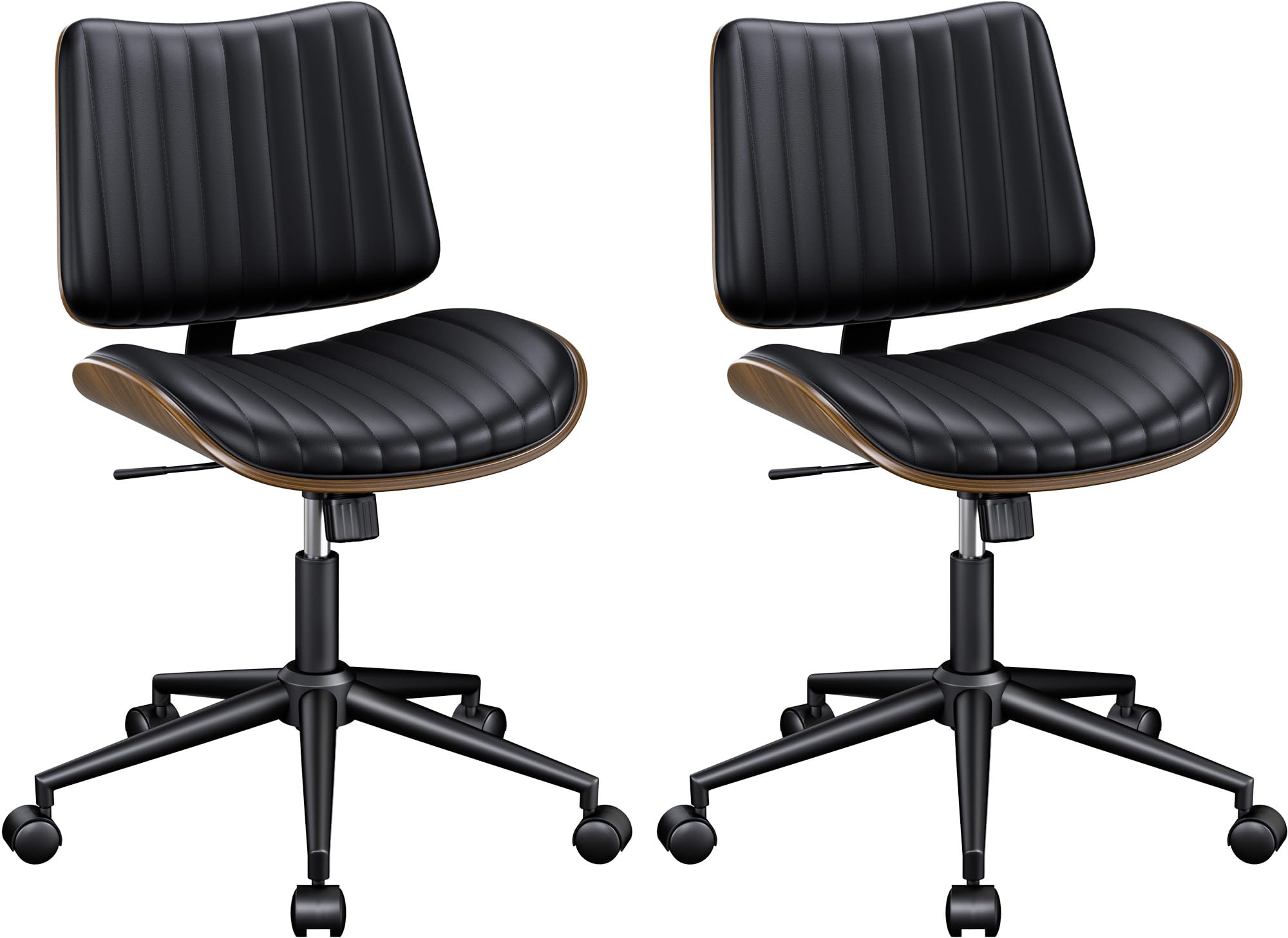 Reoney Home Armless Office Chair Set Of 2, Modern Walnut Desk Chair With Wheels, Adjustable Swivel Rolling Task Chair With Curve