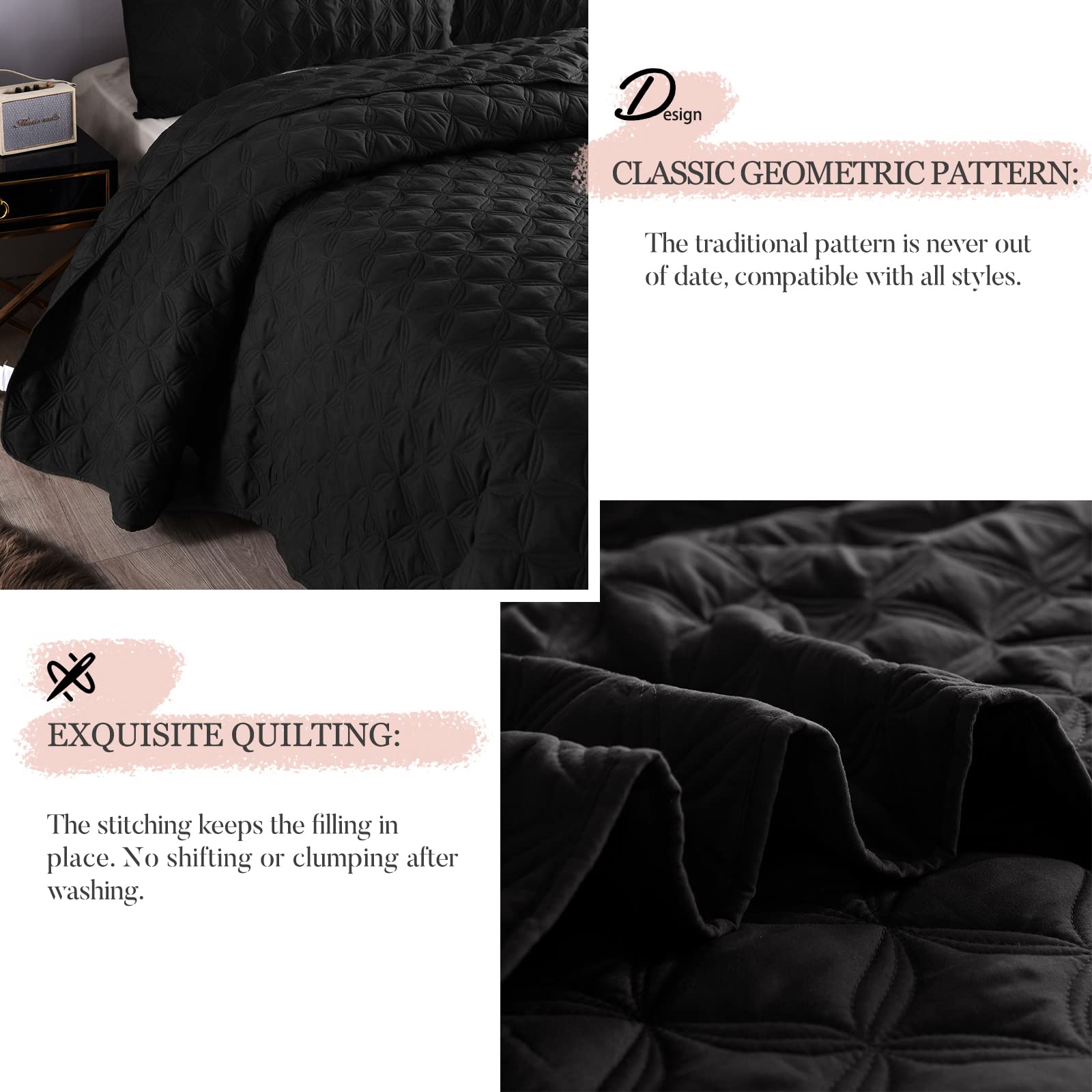 Exclusivo Mezcla Full Queen Quilt Set, 3 Pieces Lightweight Quilts Soft Quilted Bedspreads Black Coverlets Bedding Set For All S